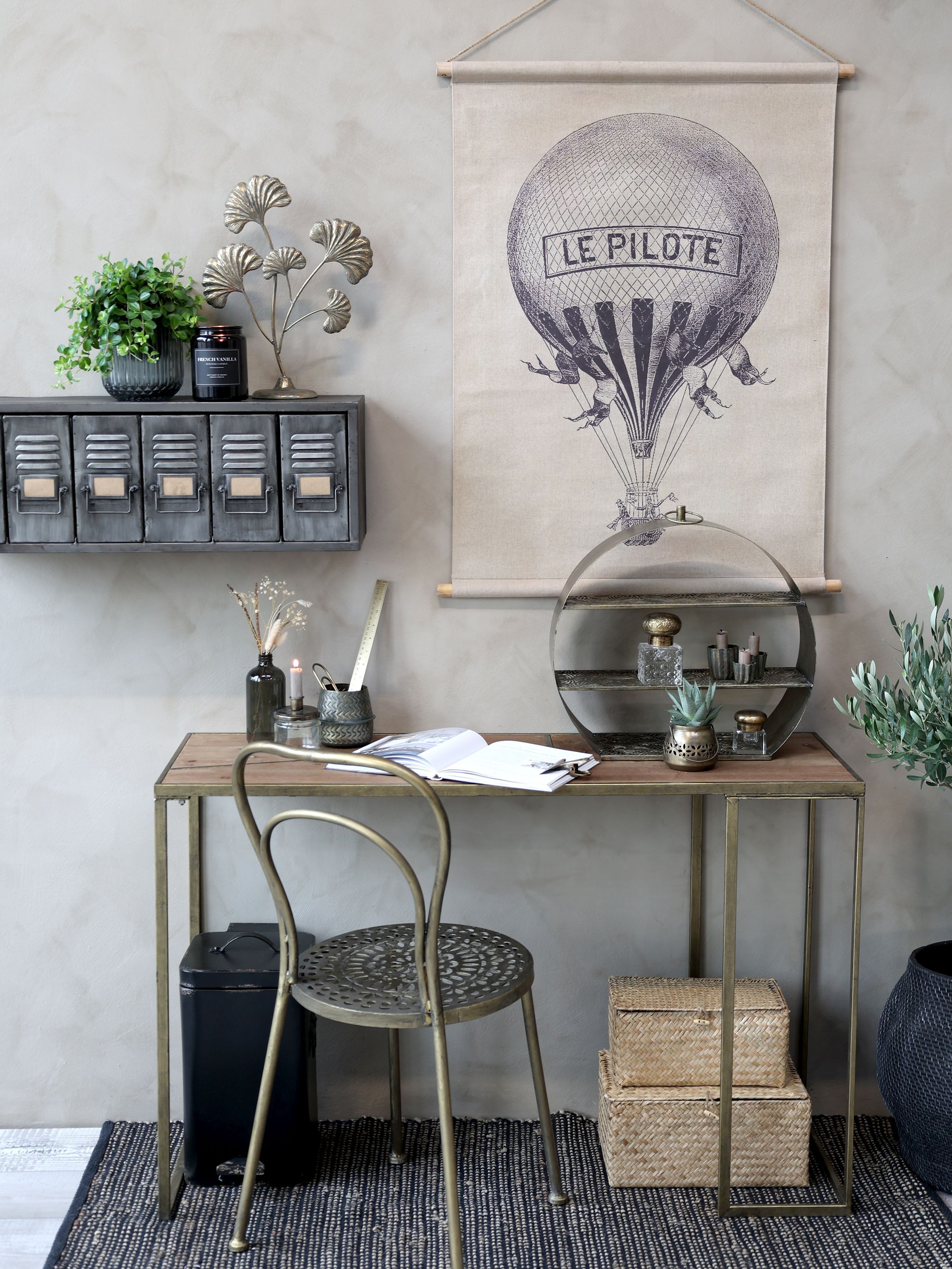 Chic Antique Schreibtisch Schreibtisch Konsole Industrial Boheme Metall Messing Holz