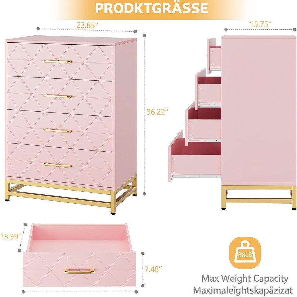 GarveeMore Kommode mit 4 Schubladen für das Schlafzimmer, Holzkommode mit goldenen Griffen,92x60.5x40cm