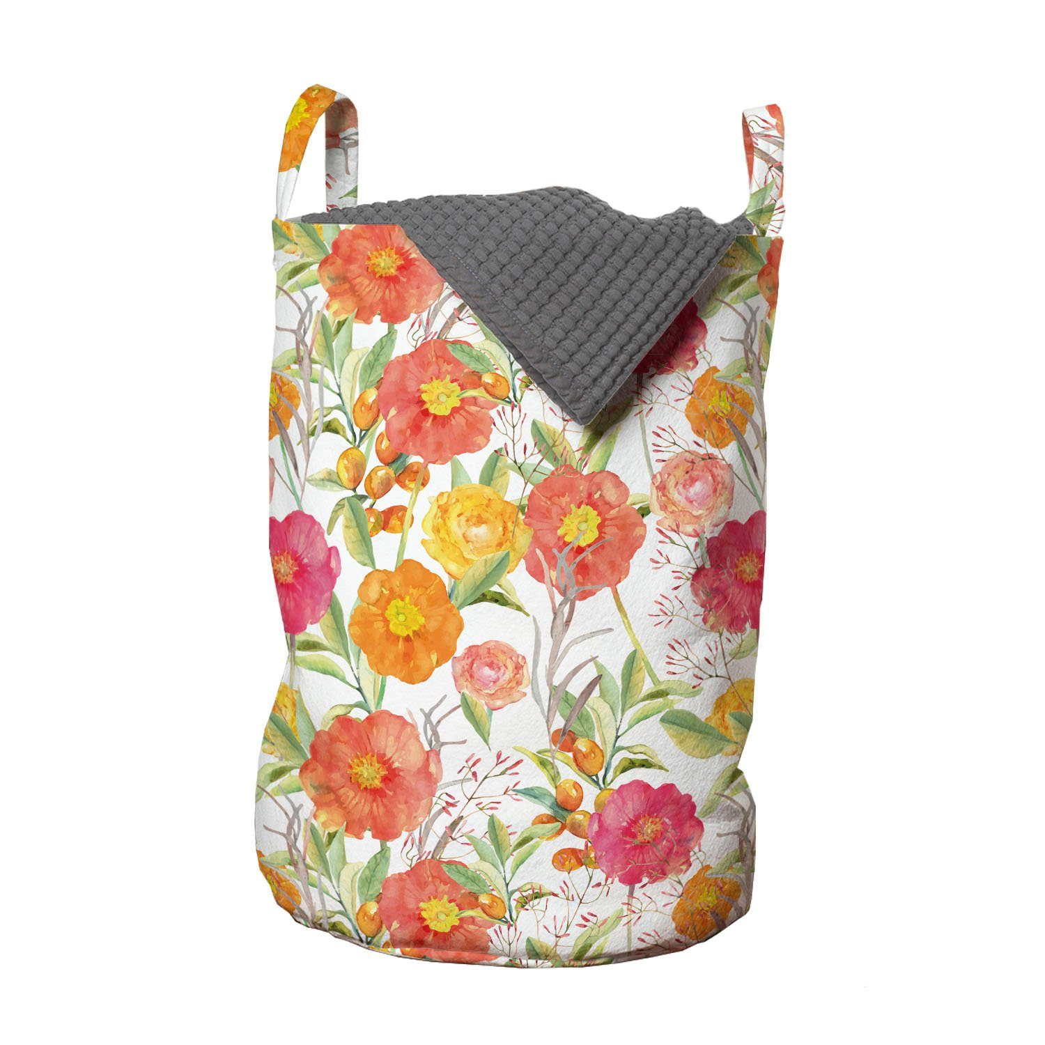 Abakuhaus Wäschesäckchen Wäschekorb mit Griffen Kordelzugverschluss für Waschsalons, Frühling Aquarell Blumen Beeren