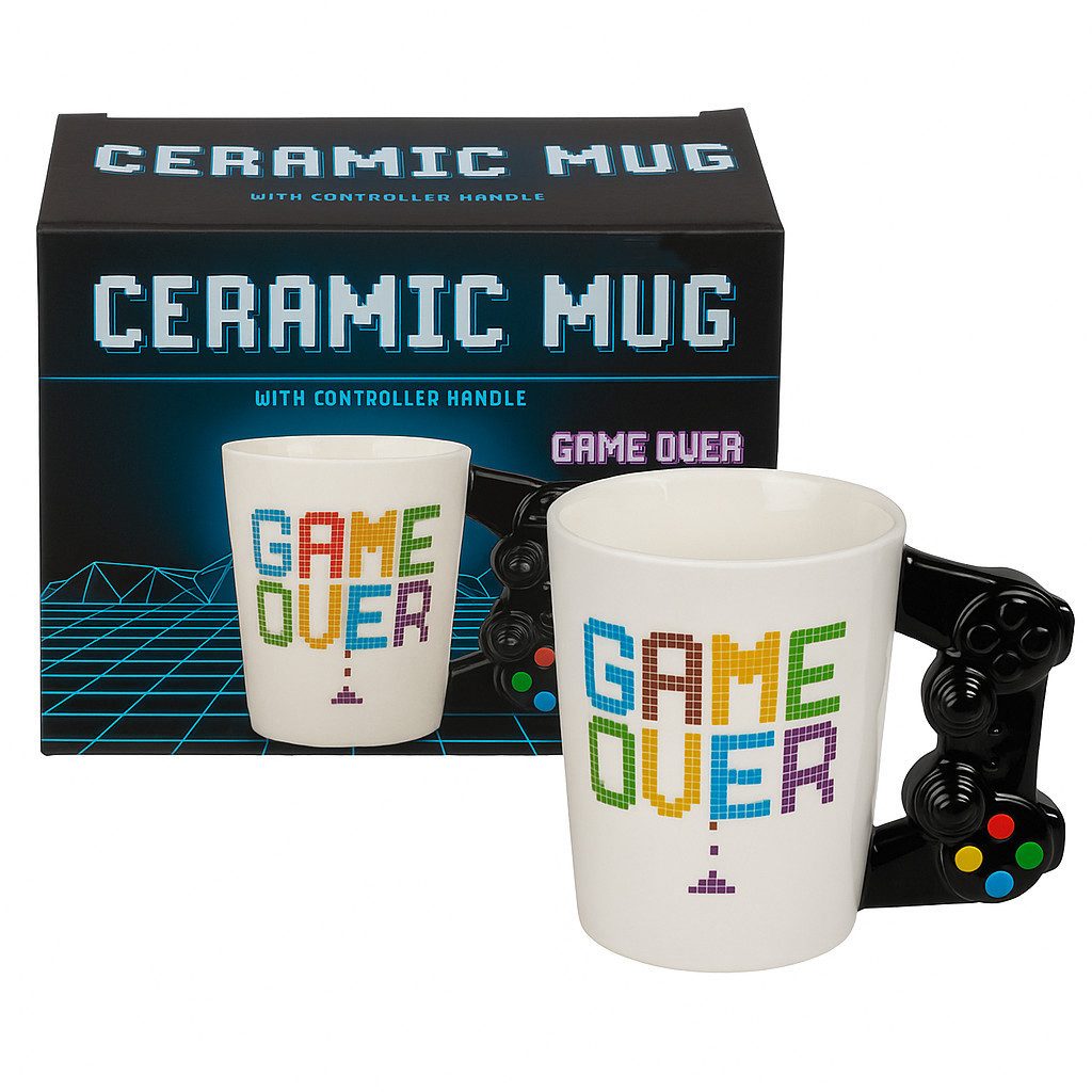 what the shop Tasse Game Over Becher mit Controller-Griff 350ml Dolomit Gamer Retro, Gamer-Becher mit Spaßfaktor pur