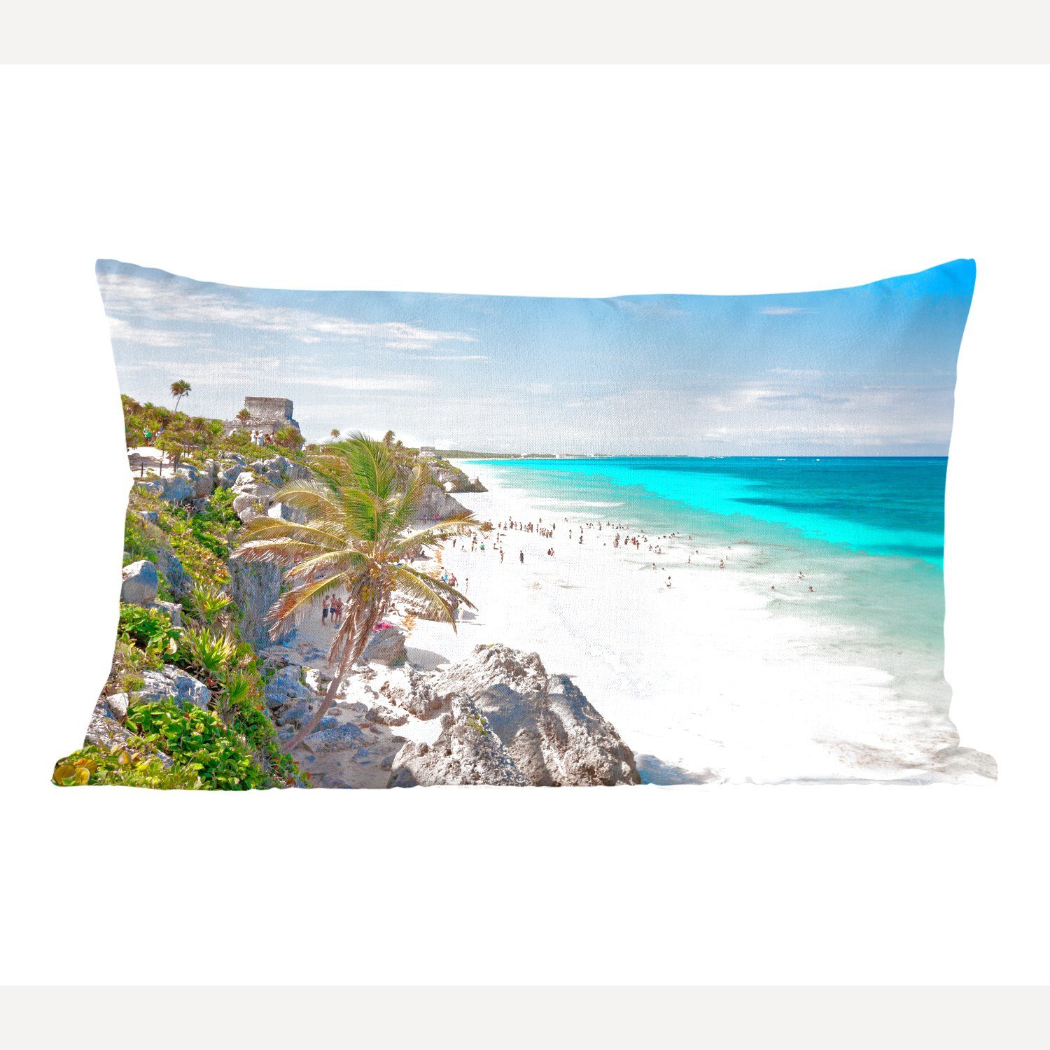 MuchoWow Dekokissen Blick Mexiko, mit auf Tulum von Dekoration, Zierkissen, Schlafzimmer den Strand Wohzimmer Dekokissen in Füllung