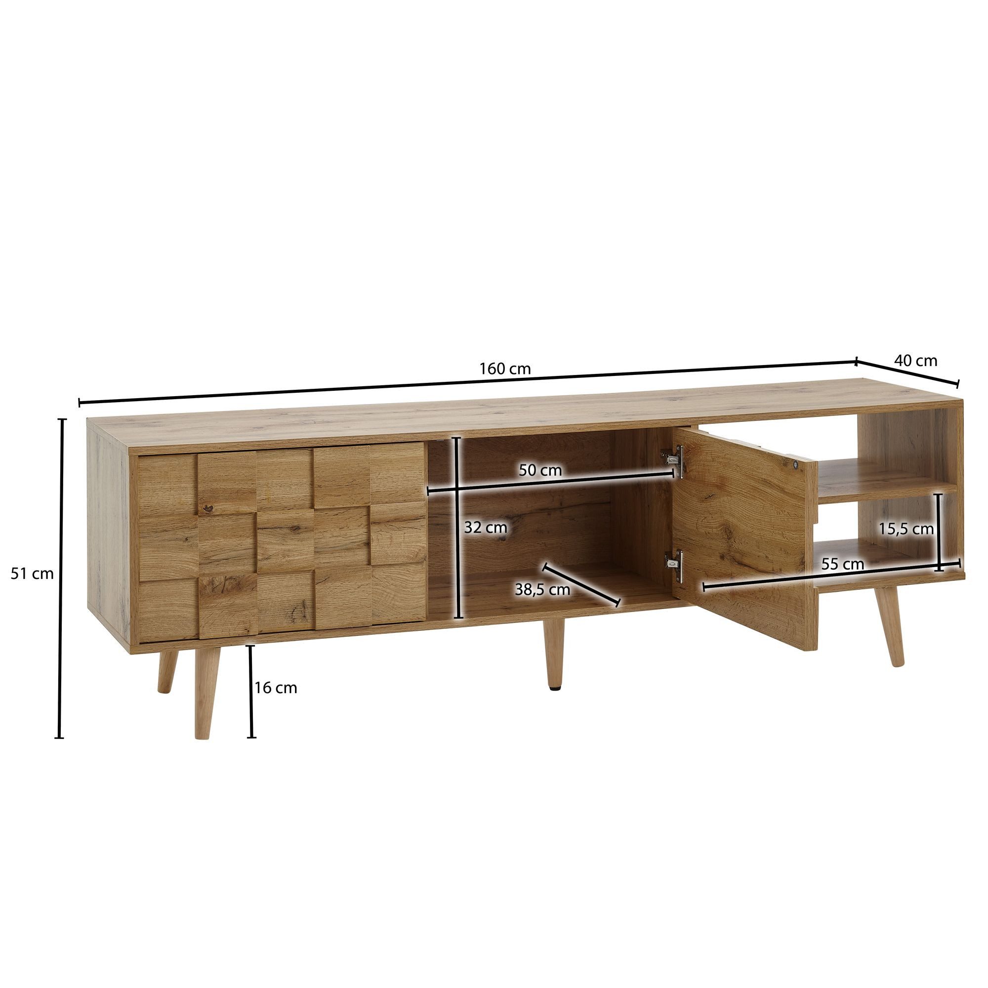 Wohnling Lowboard WL6.578 TV Schrank 160x51x40cm Holz Fernsehkommode Fernsehschrank (Holz Eiche-Dekor 160x51x40 cm mit zwei Türen), TV-Kommode Hoch, TV-Schrank  – Bild 4 von 5