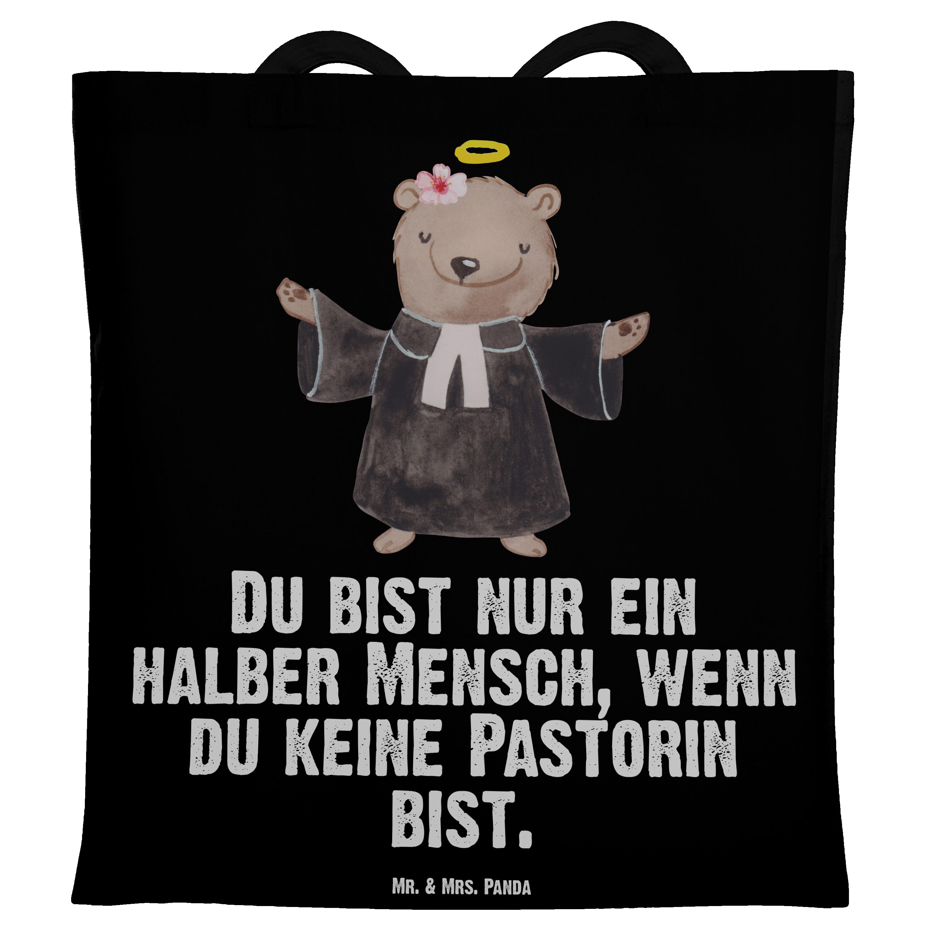 Mr. & Mrs. Panda Tragetasche Pastorin mit Herz - Schwarz - Geschenk, Jubiläum, Predigerin Priester (1-tlg)