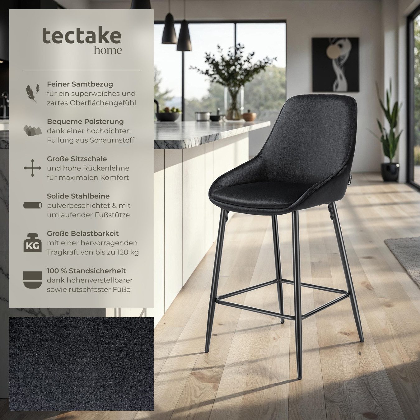 tectake Barhocker Thekenstuhl gepolstert, 49 x 54 x 100 cm, Belastbarkeit 120 kg (Tresenstuhl Siera, in Samtoptik schwarz/schwarz), weicher Bezug, mit Rückenlehne und Fußstütze, höhenverstellbar