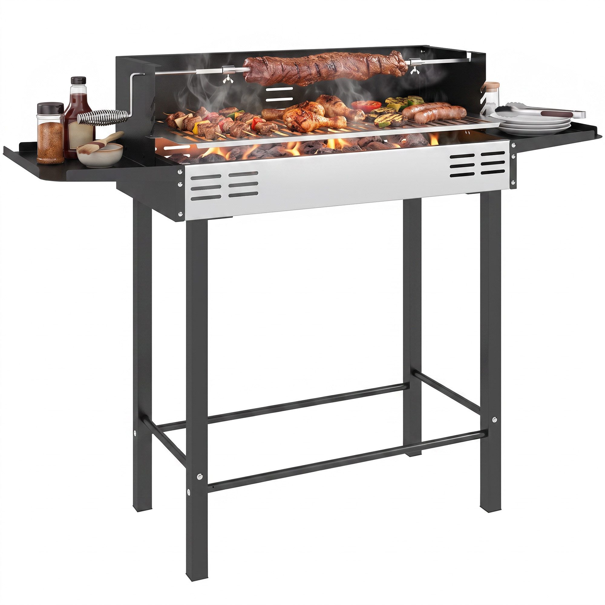 Outsunny Holzkohlegrill Campinggrill klappbar faltbar Garten, Kohlegrill, BBQ Grill, Rostfreier Stahl+Metall Schwarz 118 x 32 x 90 cm – Bild 2 von 5