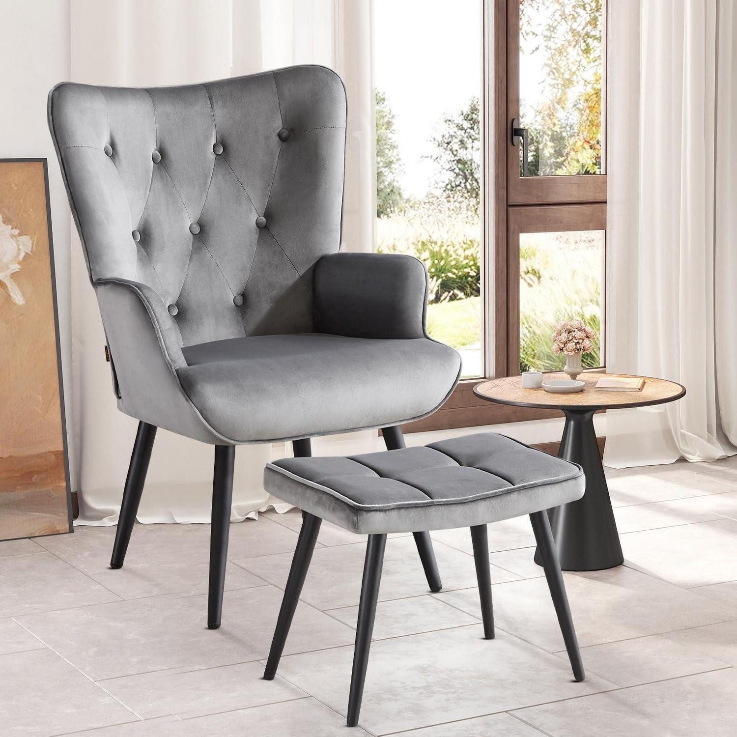 LuxusKollektion Ohrensessel Sessel Ohrensessel Samt Relaxsessel Fußstütze mit Hocker Grau