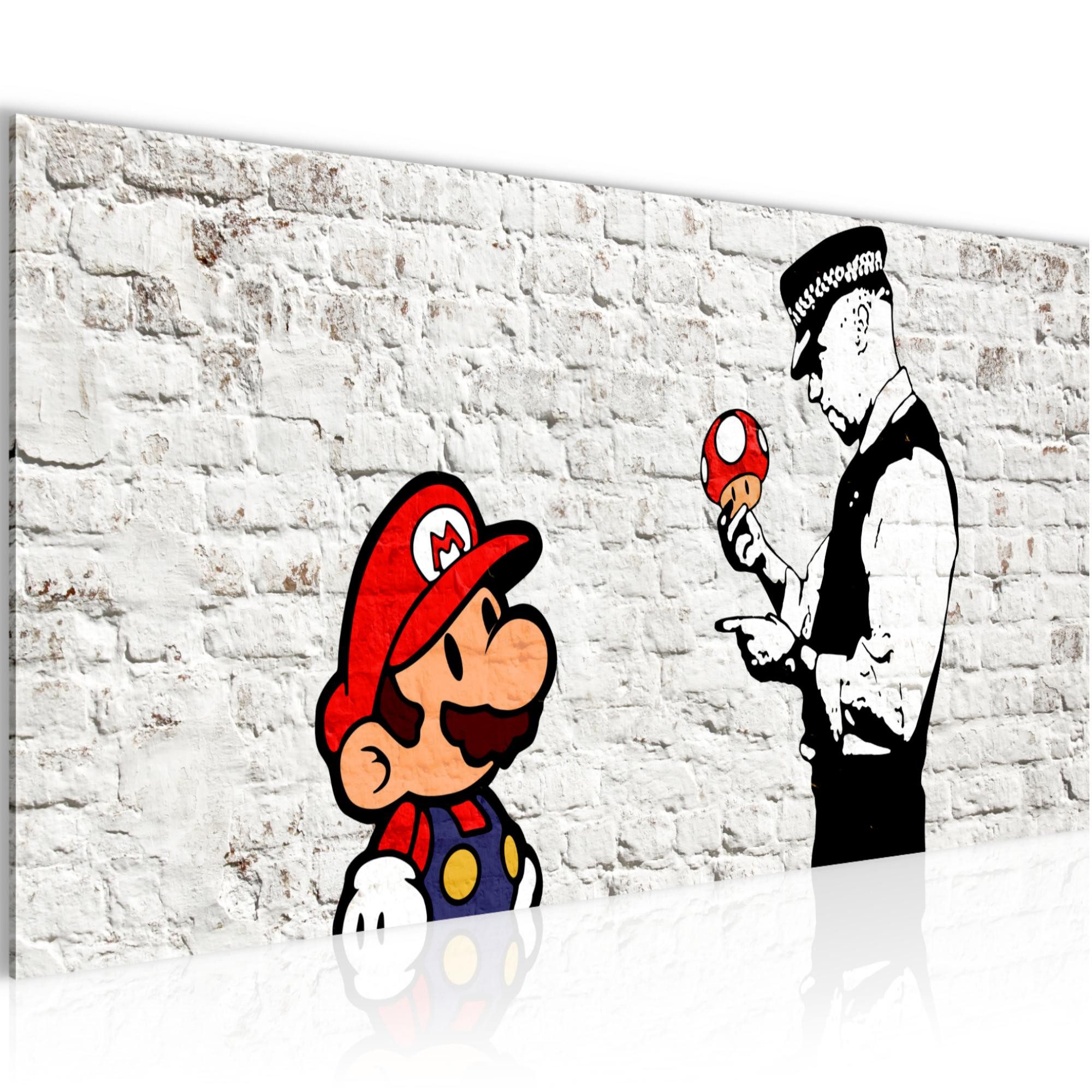 Runa Art Wandbild Mario and Cop Banksy auf Vlies Leinwand Street Art Jugendzimmer 0065, 100L x 40B cm