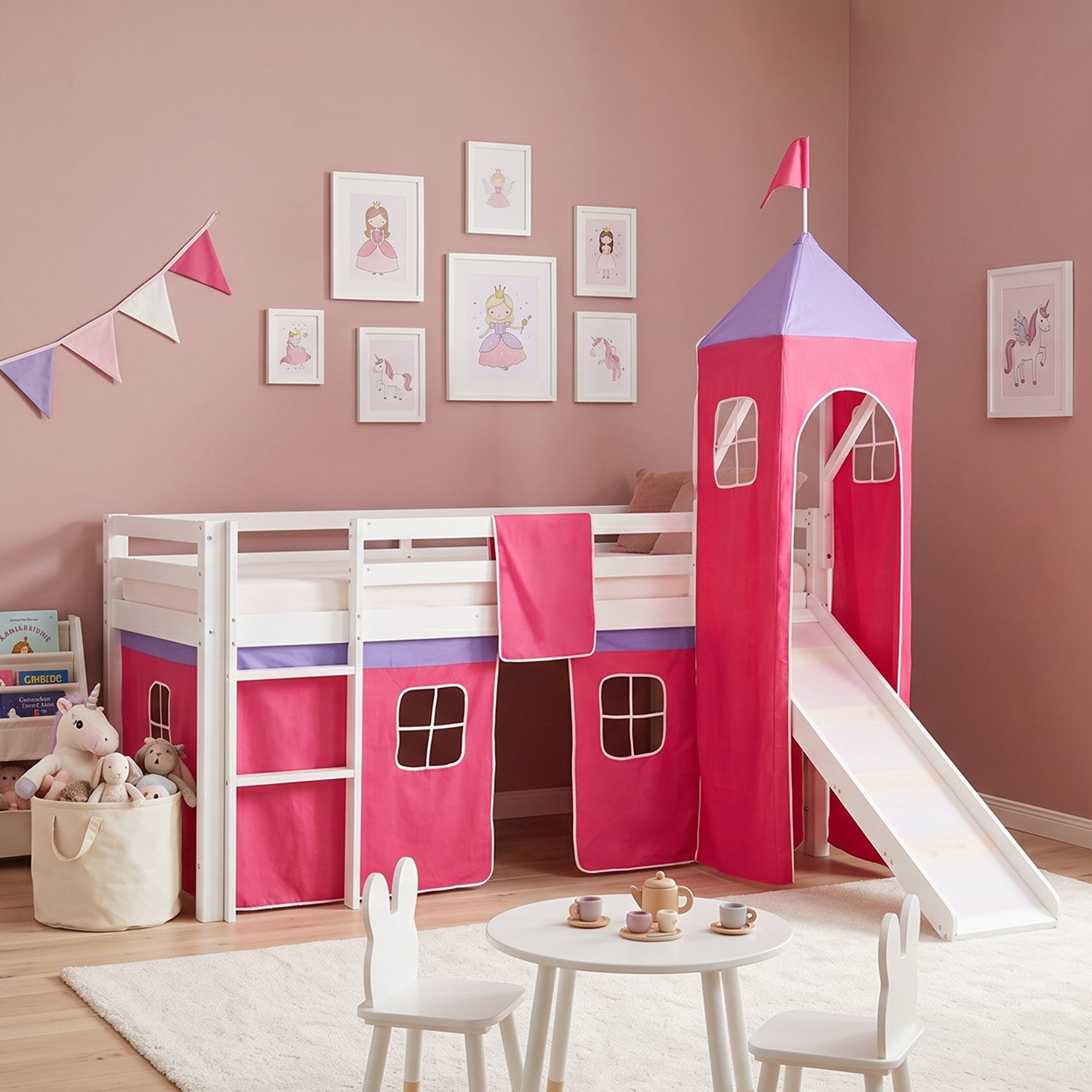 Homestyle4u Hochbett 90x200 cm Kinderbett Weiß mit Vorhang Pink (Komplett-Set mit Lattenrost, mit Rutsche, mit Turm, Matratze mit OEKO-TEX® Standard 100) Kiefer, Jungen Mädchen, Spielbett