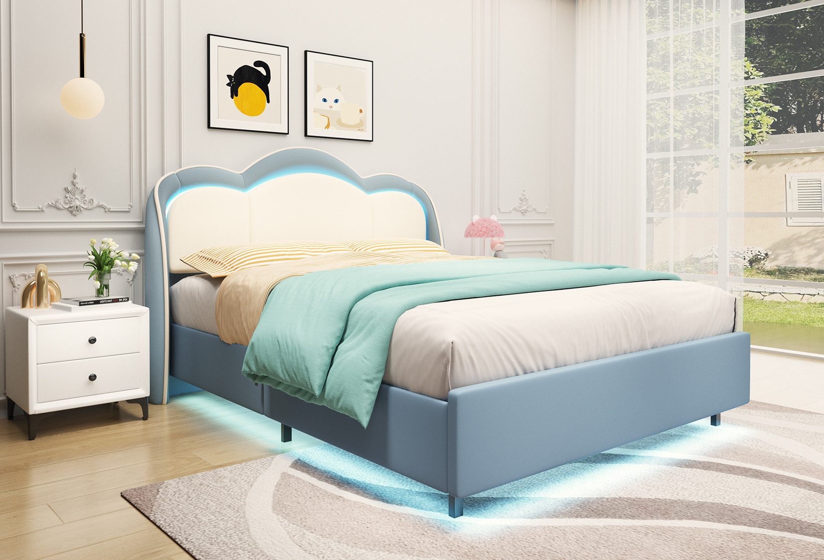 HOMAVO Polsterbett Kinderbett,Einzelbett mit LED-Beleuchtung (Polsterbett aus Samt mit Wolken-Design, inklusive LED-Beleuchtung), 90*200cm