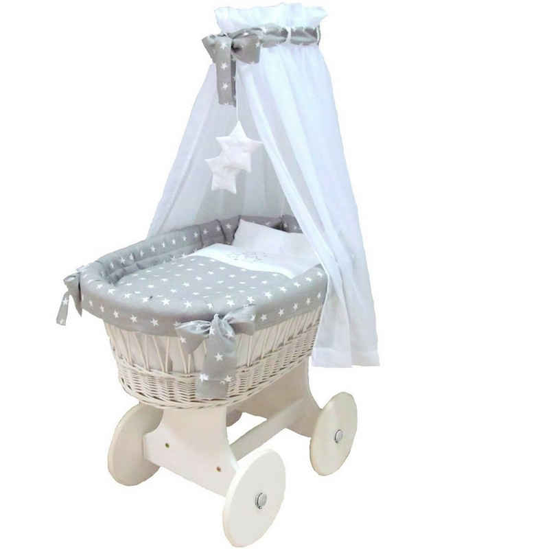 Babymajawelt Stubenwagen Baby Stubenwagen Komplett Set, mit Ausstattung Große Räder, STARS, Made in EU, Naturweide, Sorglos Paket