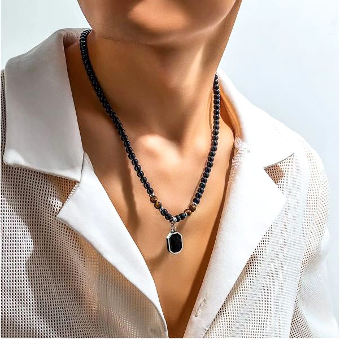 KARMA Perlenkette Herren Perlenkette schwarz mit Anhänger (Herrenschmuck Geschenk für Ihn, Herrenhalskette), Schwarze Kette