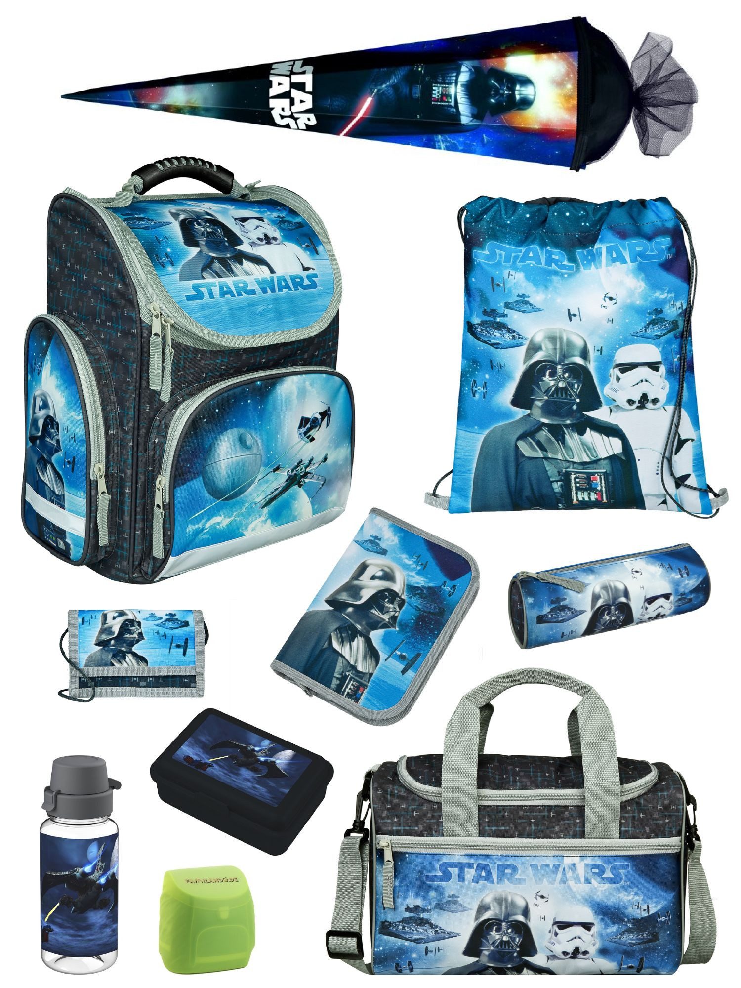 Familando Schulranzen Clou Star Wars Schultasche, Darth Vader, blau, ab 1. Klasse (Komplett-Set, 10-tlg., mit Lunch-Set, Sporttasche und Schultüte 85 cm), kompakt, mit 2- Wege Reißverschluss
