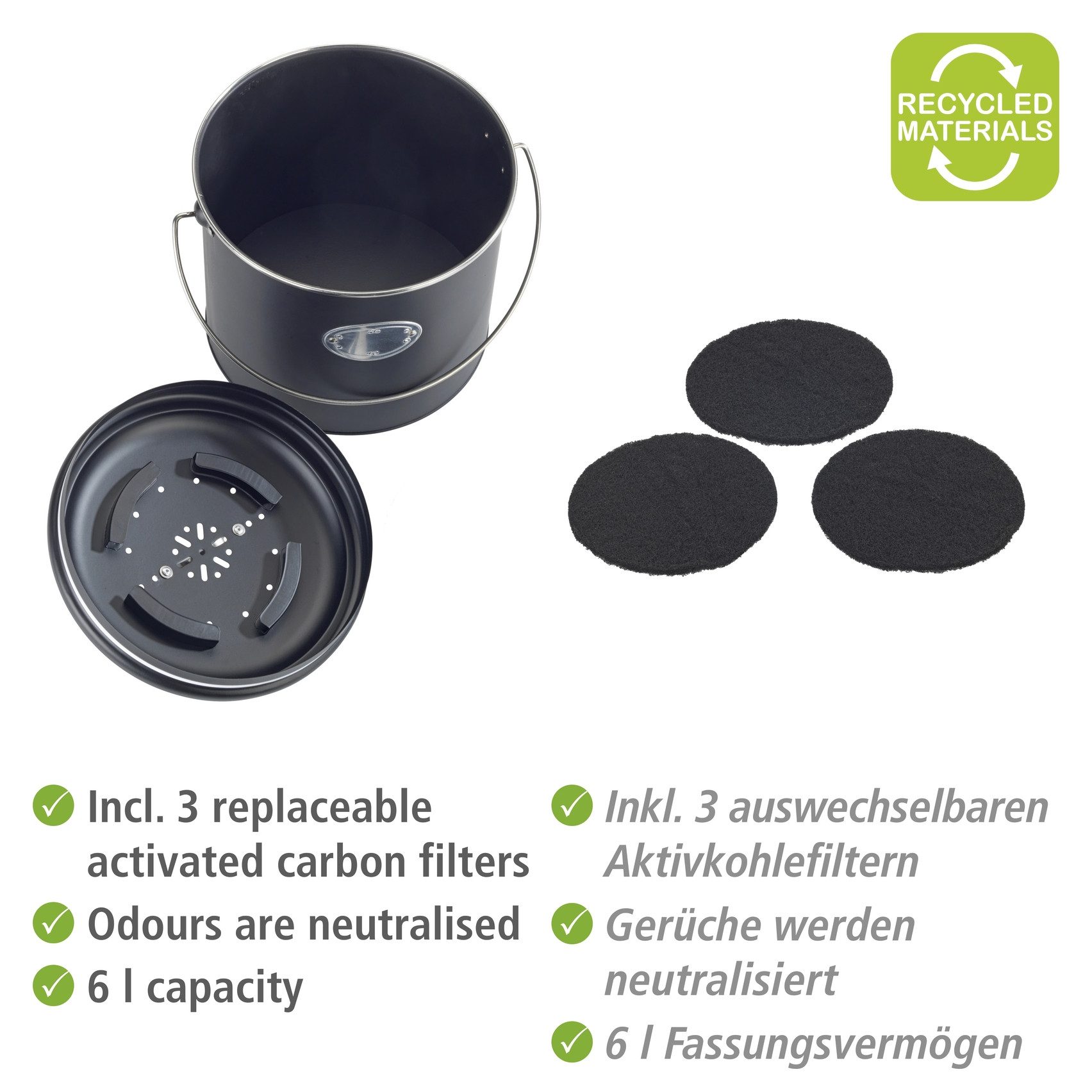 WENKO Biomülleimer Modell Nero, Komposteimer aus Metall, inkl. 3 Aktivkohlefiltern zum Wechseln, 6 L