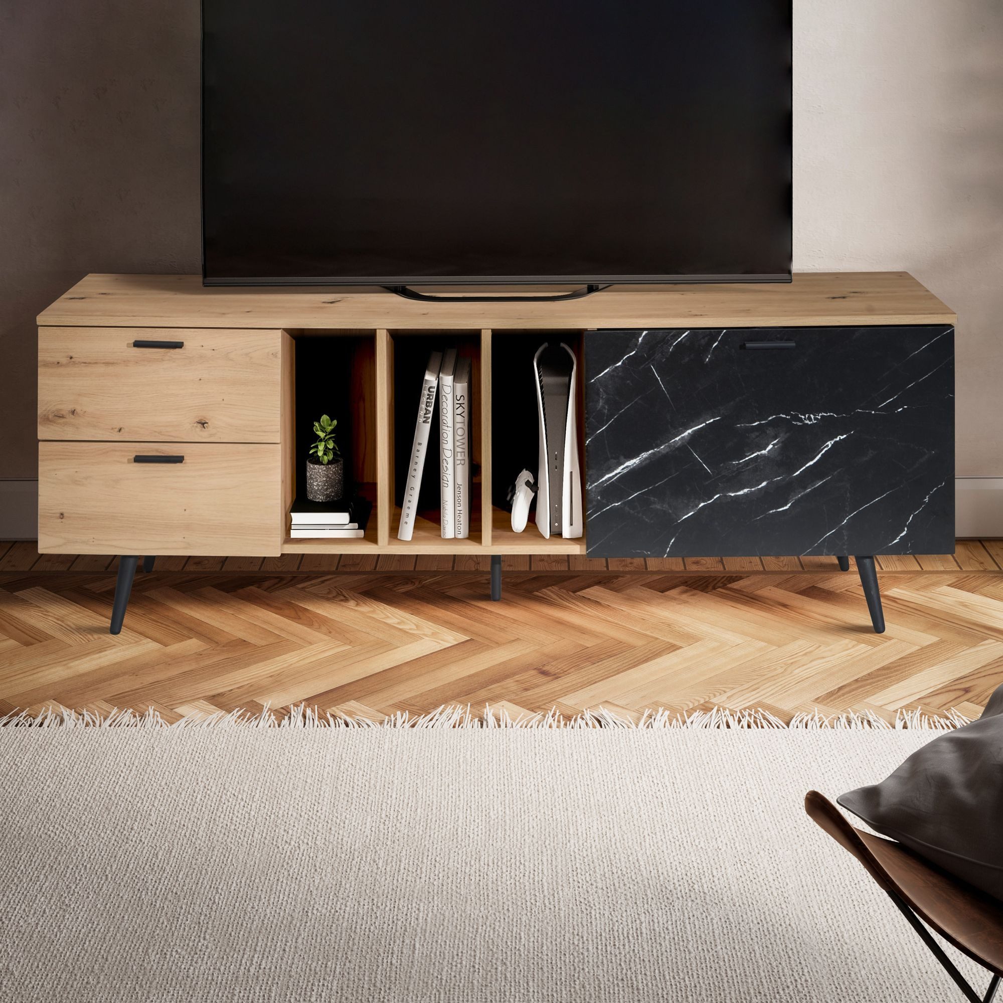 furnicato Lowboard TV-Unterschrank Eichefarben 150x55x40 cm (1 St), Marmor-Optik Lowboard mit Schubladen und Regalfächern für Wohnzimmer