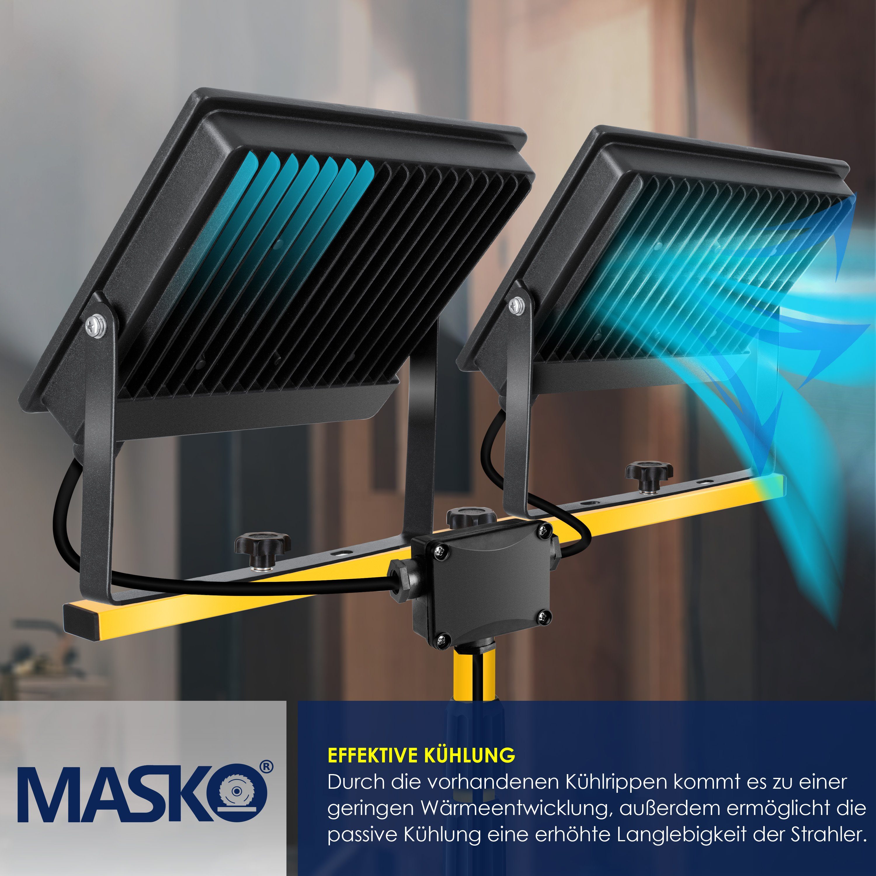 MASKO LED Baustrahler, LED gelb integriert, Baustrahler Fernbedienung Stativ mit 2x Doppel LED fest 50W 100W