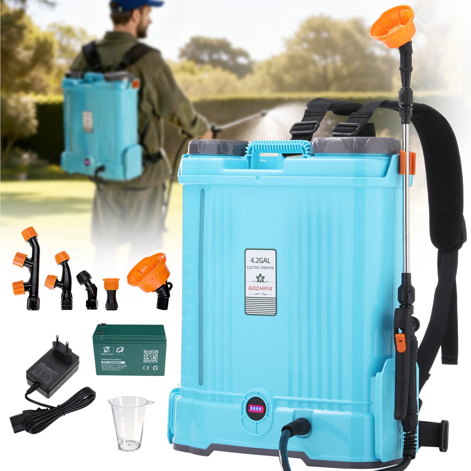 Insma Drucksprühgerät 16L Elektrisches Gartensprühgerät mit 5 verstellbaren Sprühdüsen, Akku-Drucksprühgerät mit Doppelter Schultergurte für Gartenspritze