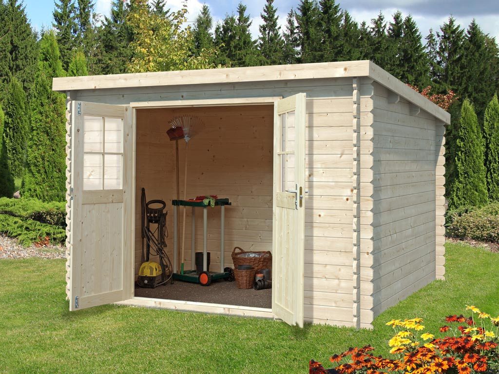 Woodtex Gartenhaus Gartenhaus Blockbohlenhaus CA2974 28 mm naturbelassen, BxT: 298x259 cm, 28 mm Wandstärke, Doppeltür mit Echtglas-Einsätzen