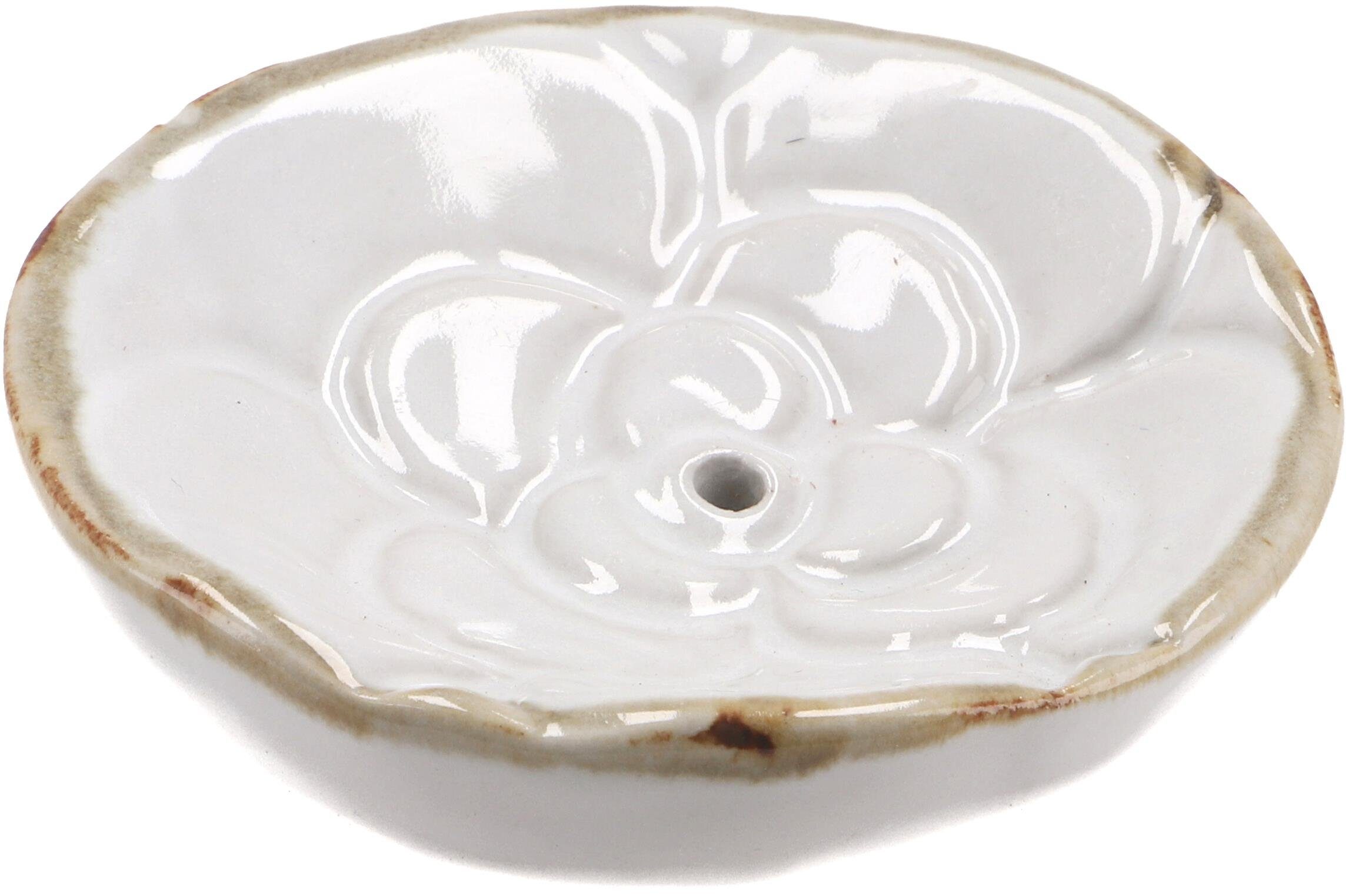 Guru-Shop Räucherstäbchen-Halter Keramik weiß Räucherteller Blüte 