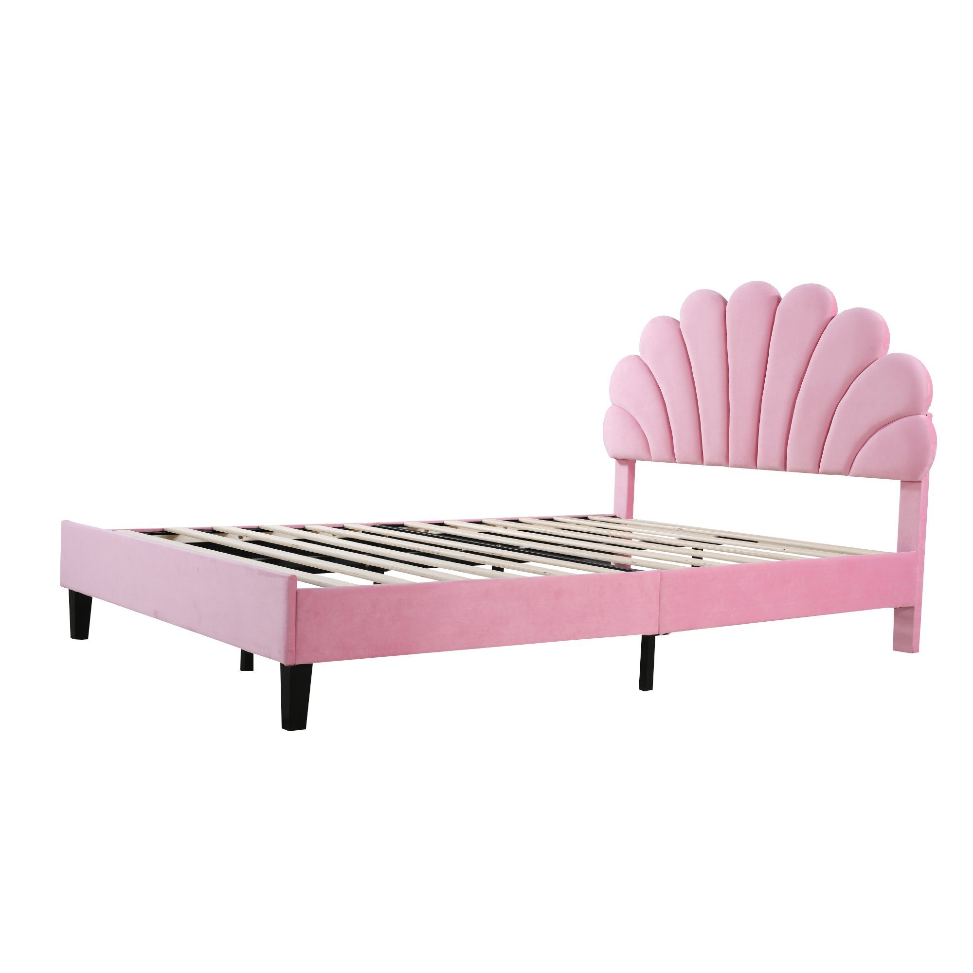 Polsterbett (Doppelbett), Kinderbett mit Blumenform-Kopfteil, Samt, 140x200cm