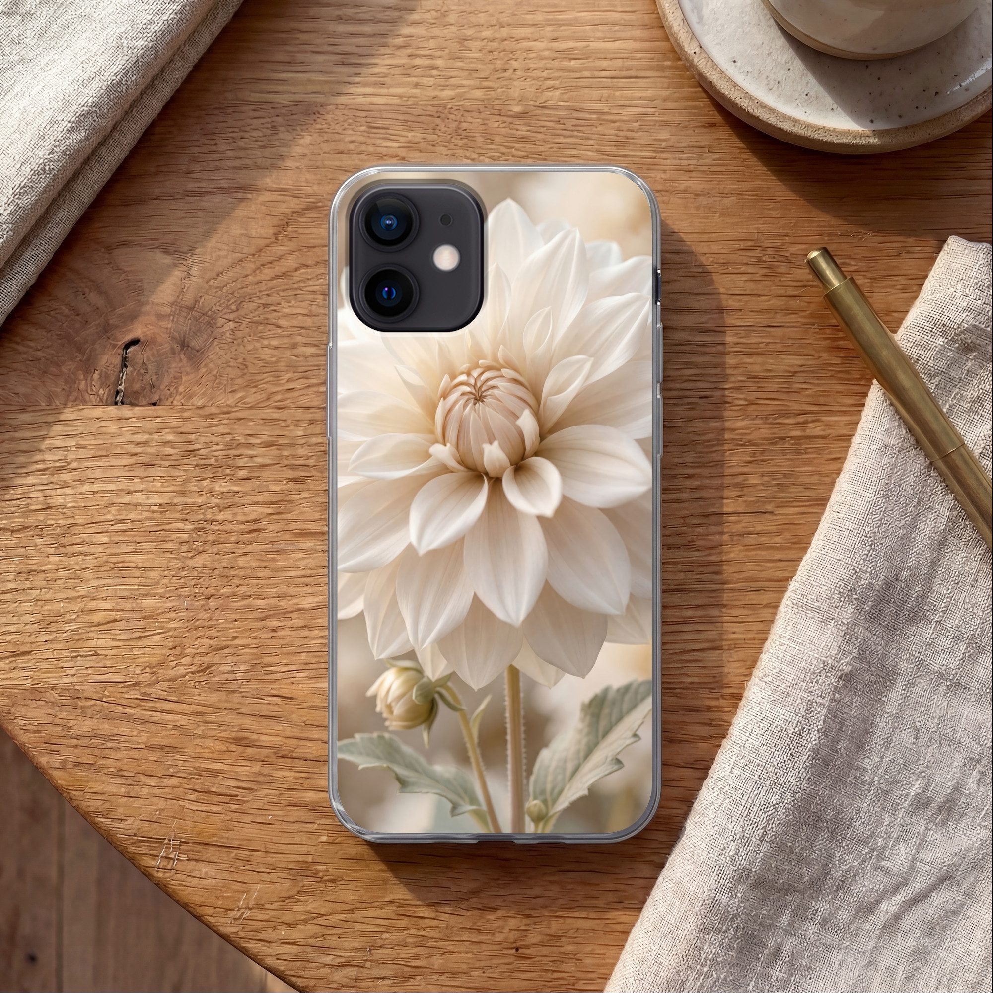 MuchoWow Handyhülle für Apple iPhone 12 Pro Blume - Dahlie - Weiß, Smartphone-Bumper, Print, Handy Schutzhülle Dünn