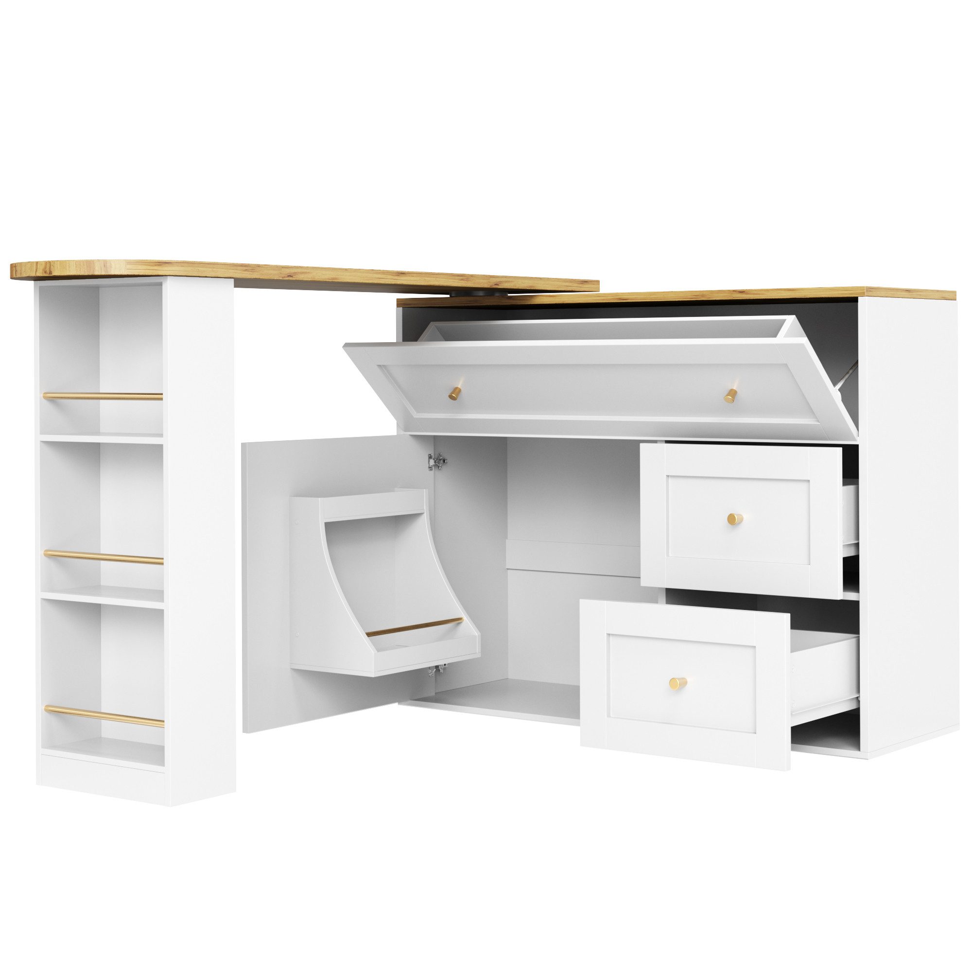 Flieks Bartisch 360° drehbar Stehtisch Kommode mit Schubladen, Türablage und Klappen (Länge 138-204/T39/H105 cm, 2-St., 2er Set), schwenkbar Küchenschrank Sideboard mit Tisch und Stauraum Kücheninsel