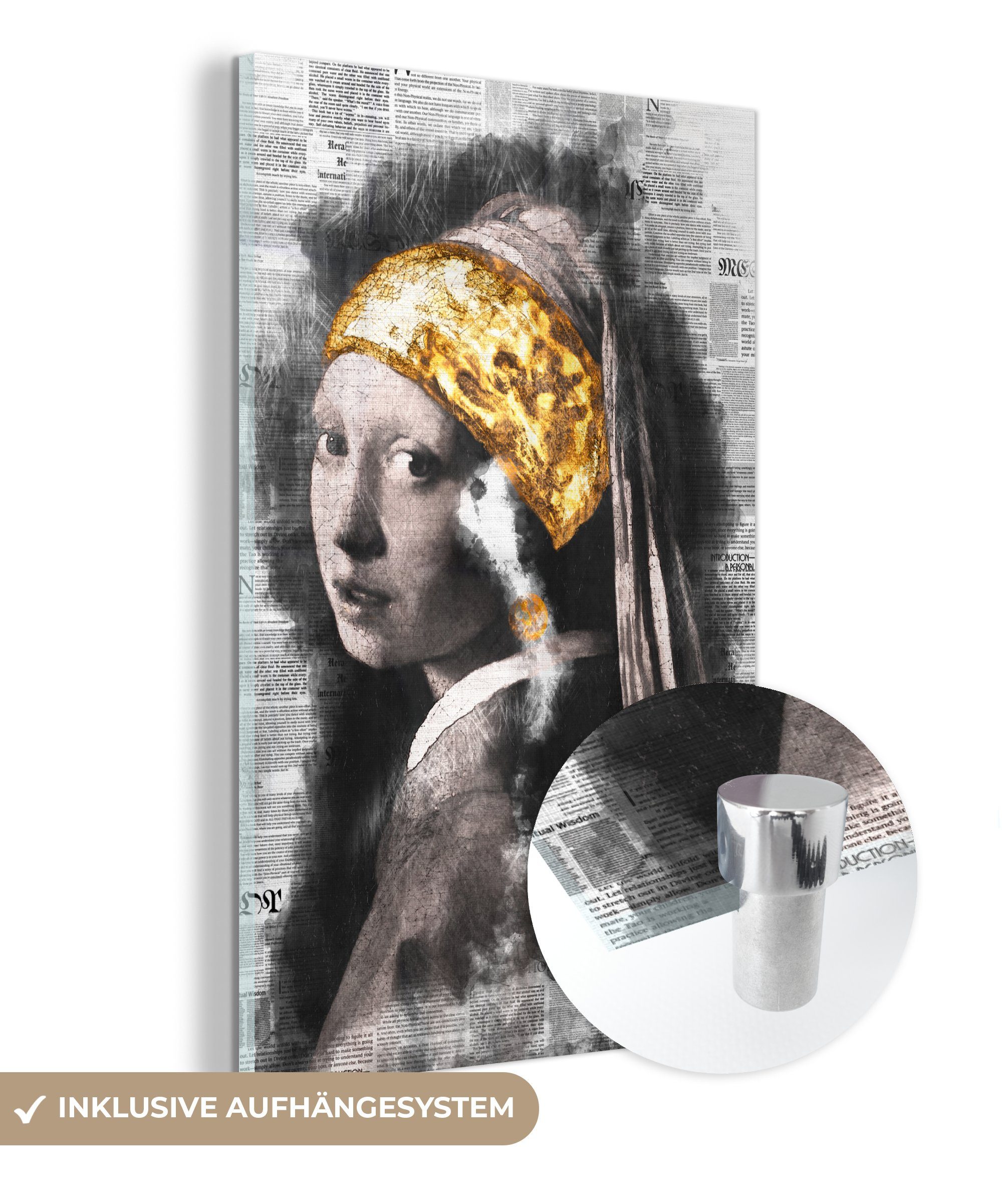 MuchoWow Acrylglasbild Mädchen mit Perlenohrring - Johannes Vermeer - Zeitungsartikel - Gold, (1 St), Glasbilder - Bilder auf Glas Wandbild - Foto auf Glas - Wanddekoration bunt