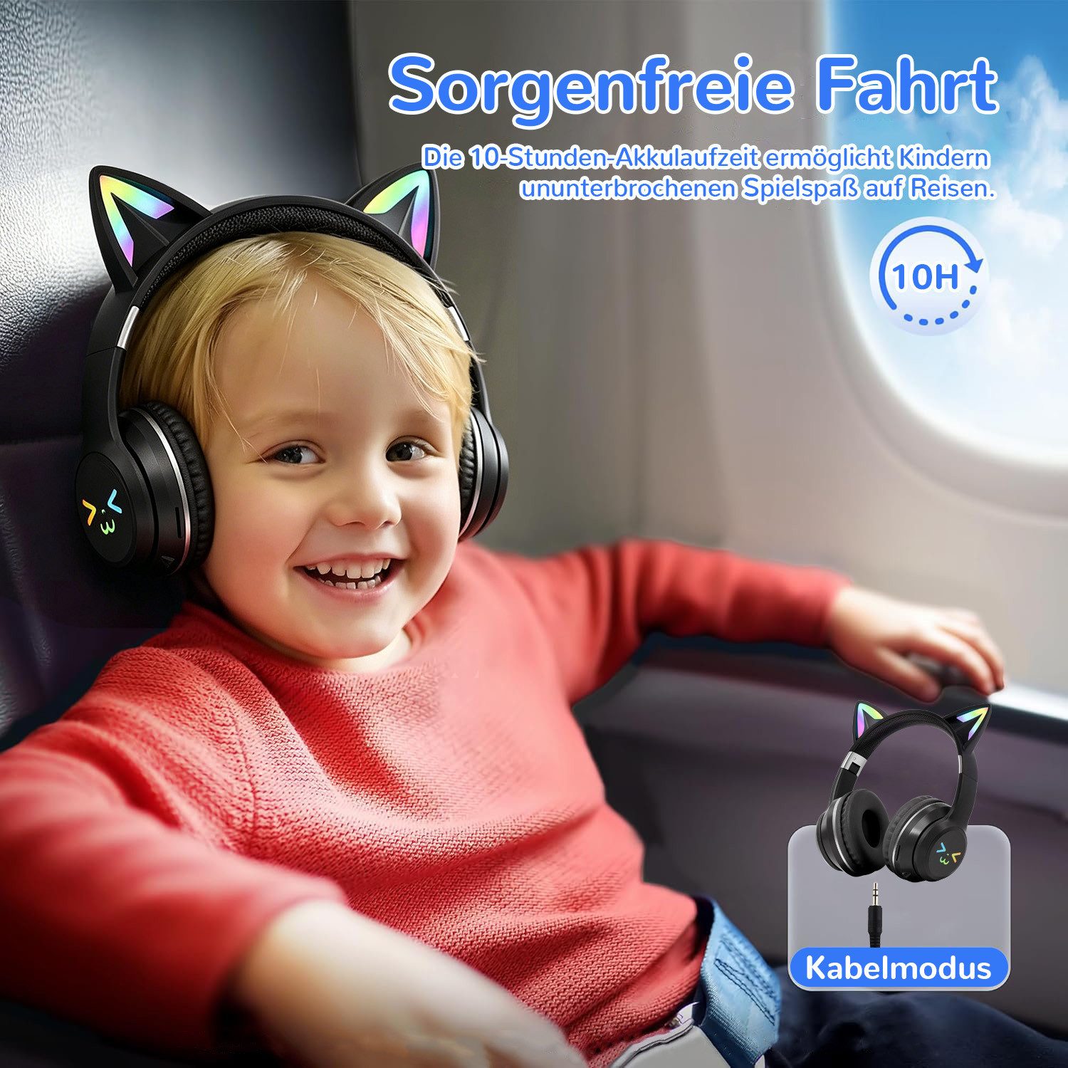 FOSMET Bluetooth Kopfhörer Kinder mit LED-Leuchten 60dBA Lautstärkebegrenzung Over-Ear-Kopfhörer (10 Stunden Spielzeit, Stereo-Sound, Kinderkopfhörer für Tablet/Reisen)