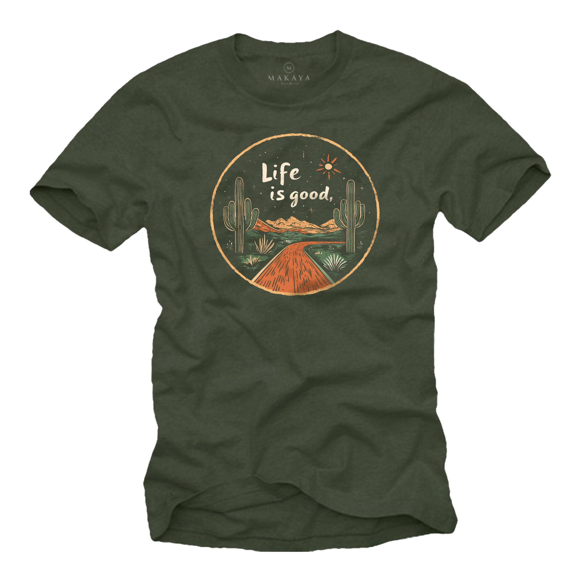 MAKAYA T-Shirt Printshirt für Herren – Kaktus & Life is Good Wandermotiv (Schwarz, Blau, Grün, Blaugrau, Dunkelgrau, S, M, L, XL, XXL, 3XL, 4XL, 5XL) Baumwolle