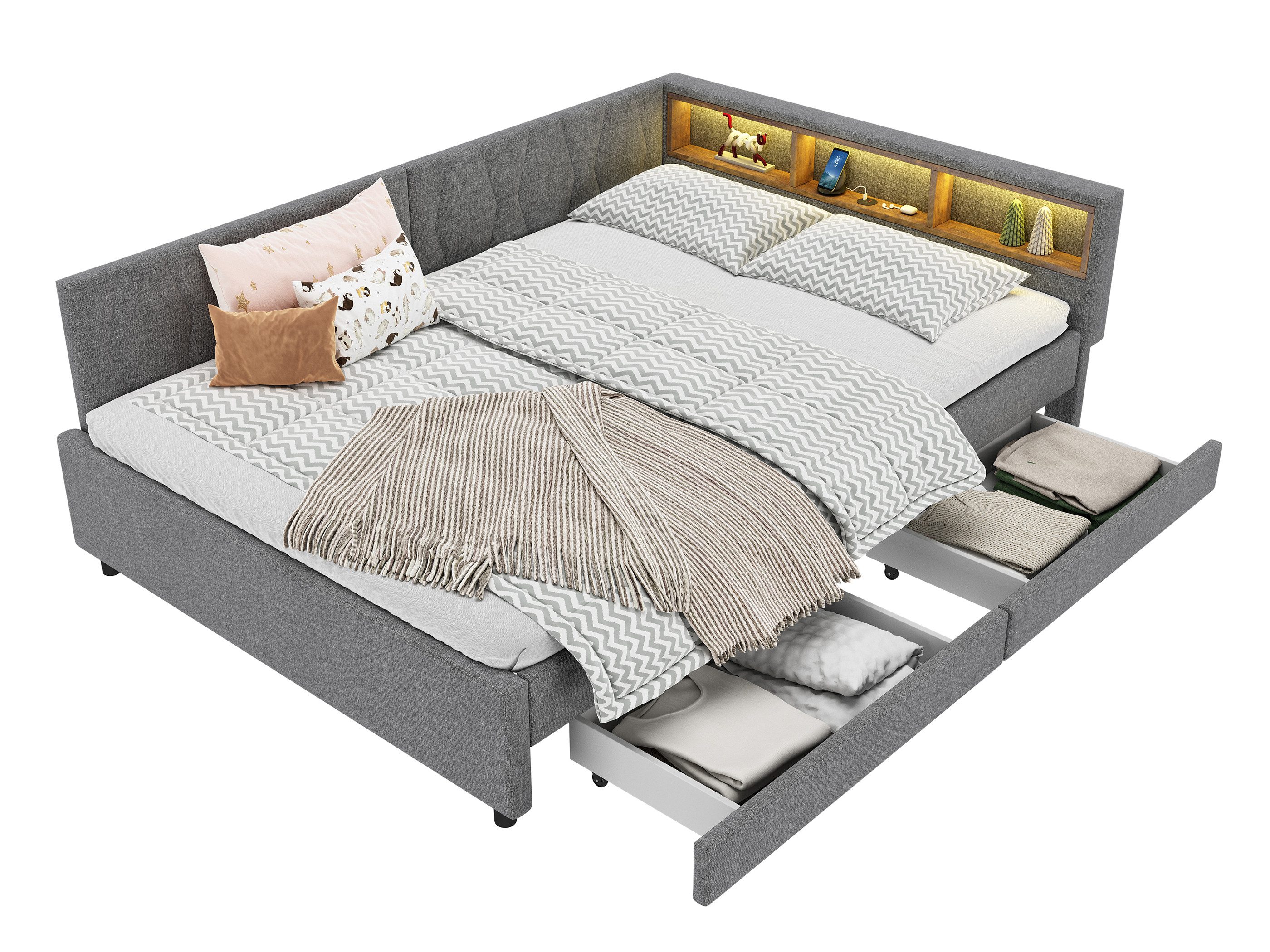 SeedWave Daybett Polsterbett mit Schubladen, Leinenbezug, LED-Beleuchtung, Ladefunktion, 140x200cm Stauraumbett mit Schubladen und Regalfächern