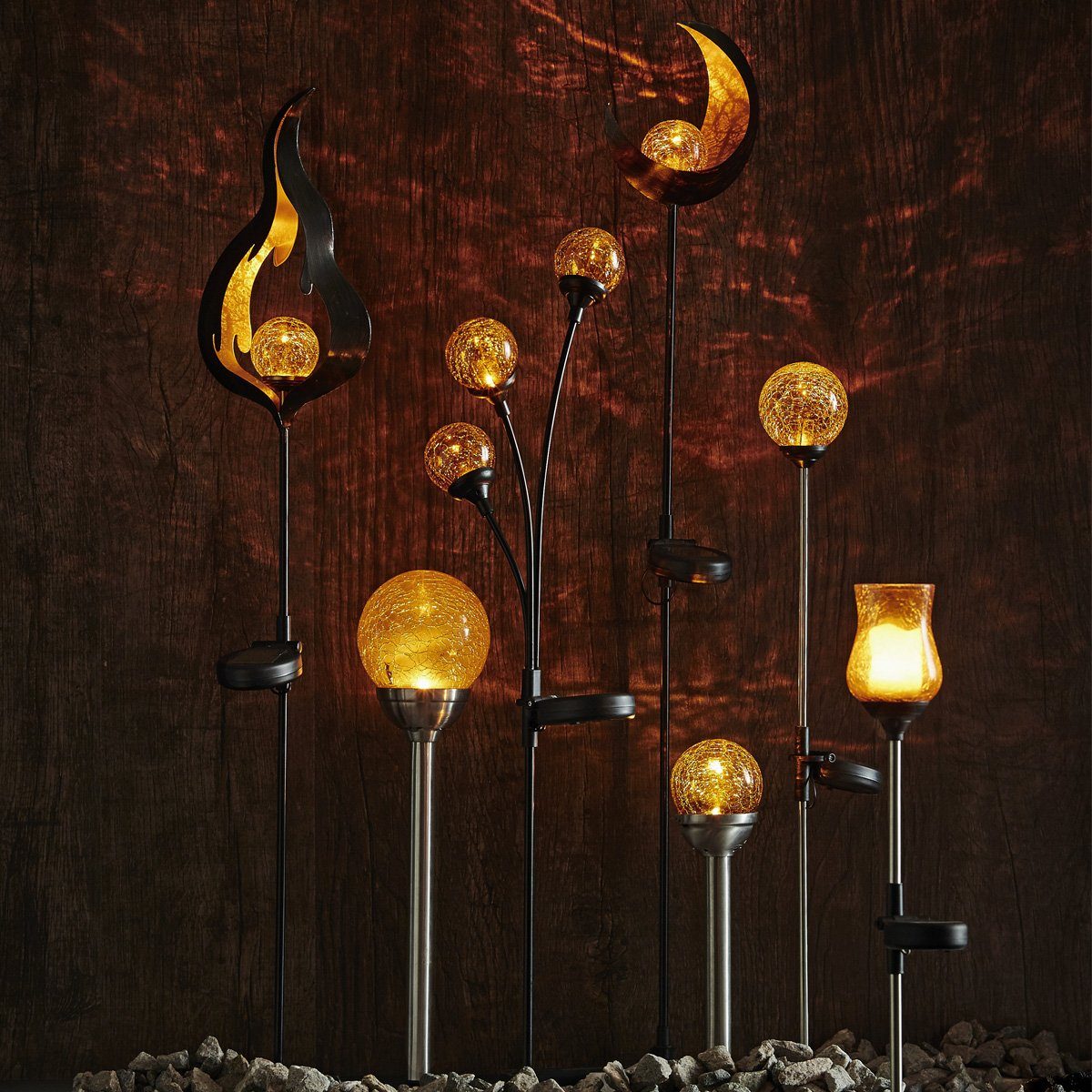 Gartenspieß Set, 26,5cm Classic, - Gartenstrahler - Solarkugel Lichtsensor LED TRADING LED - 2er gelb - STAR LED amber