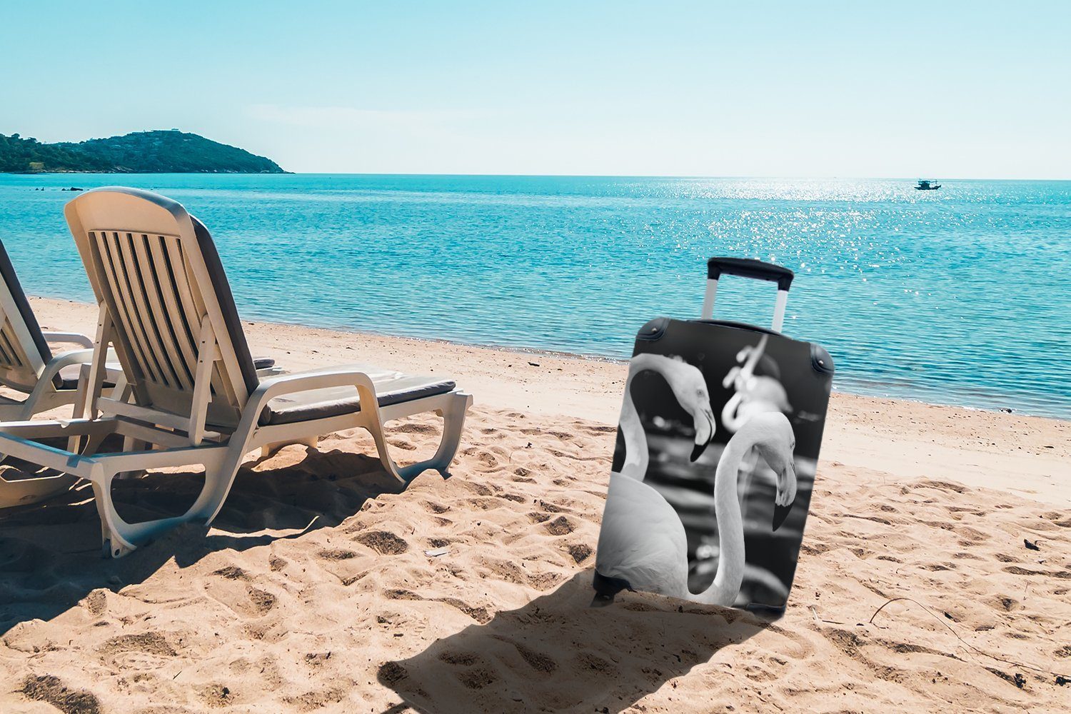 Handgepäck Handgepäckkoffer schwarz-weiß, von mit in Flamingos Rollen, Trolley, für Ferien, Reisetasche Reisekoffer 4 Nahaufnahme rollen, MuchoWow