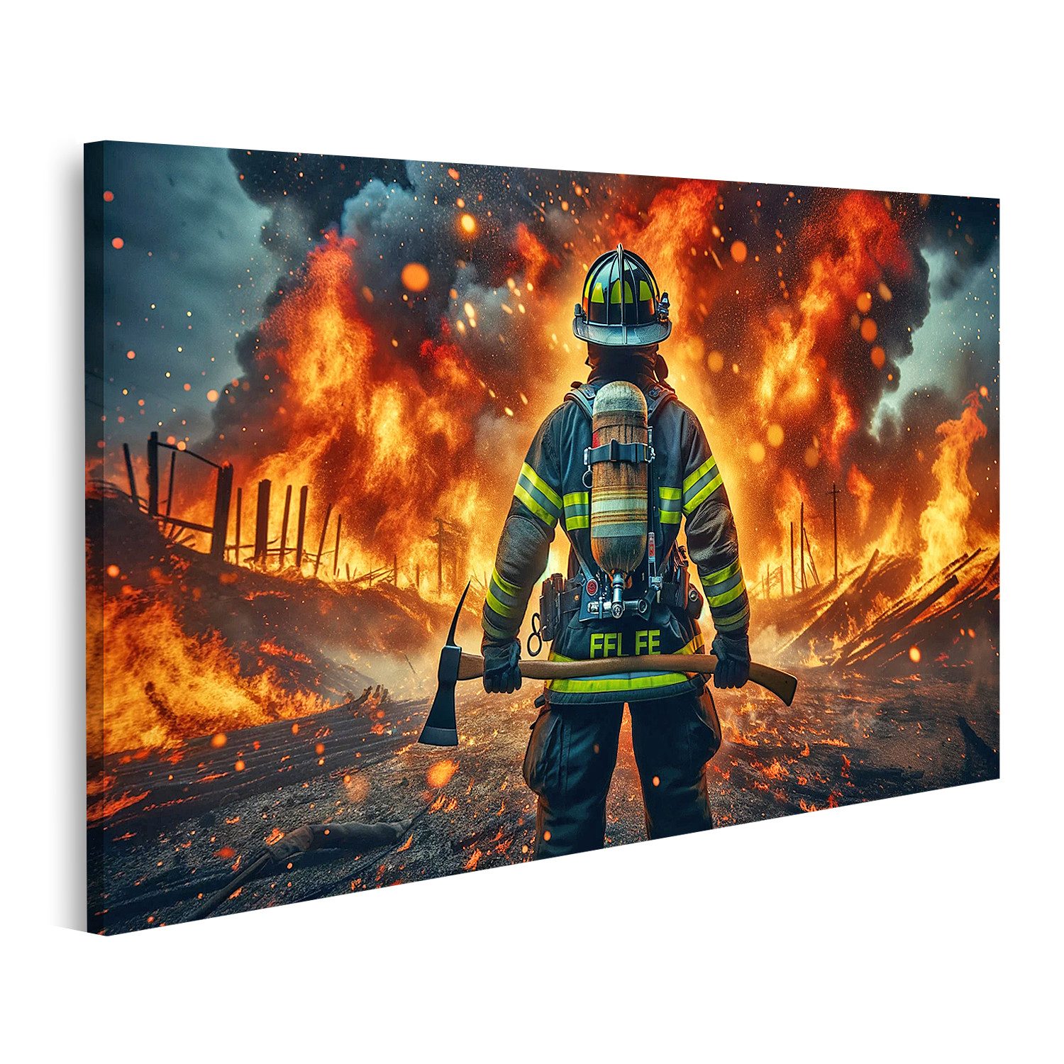 Leinwandbild Feuerwehrmann Vor Flammenmeer Wandbild