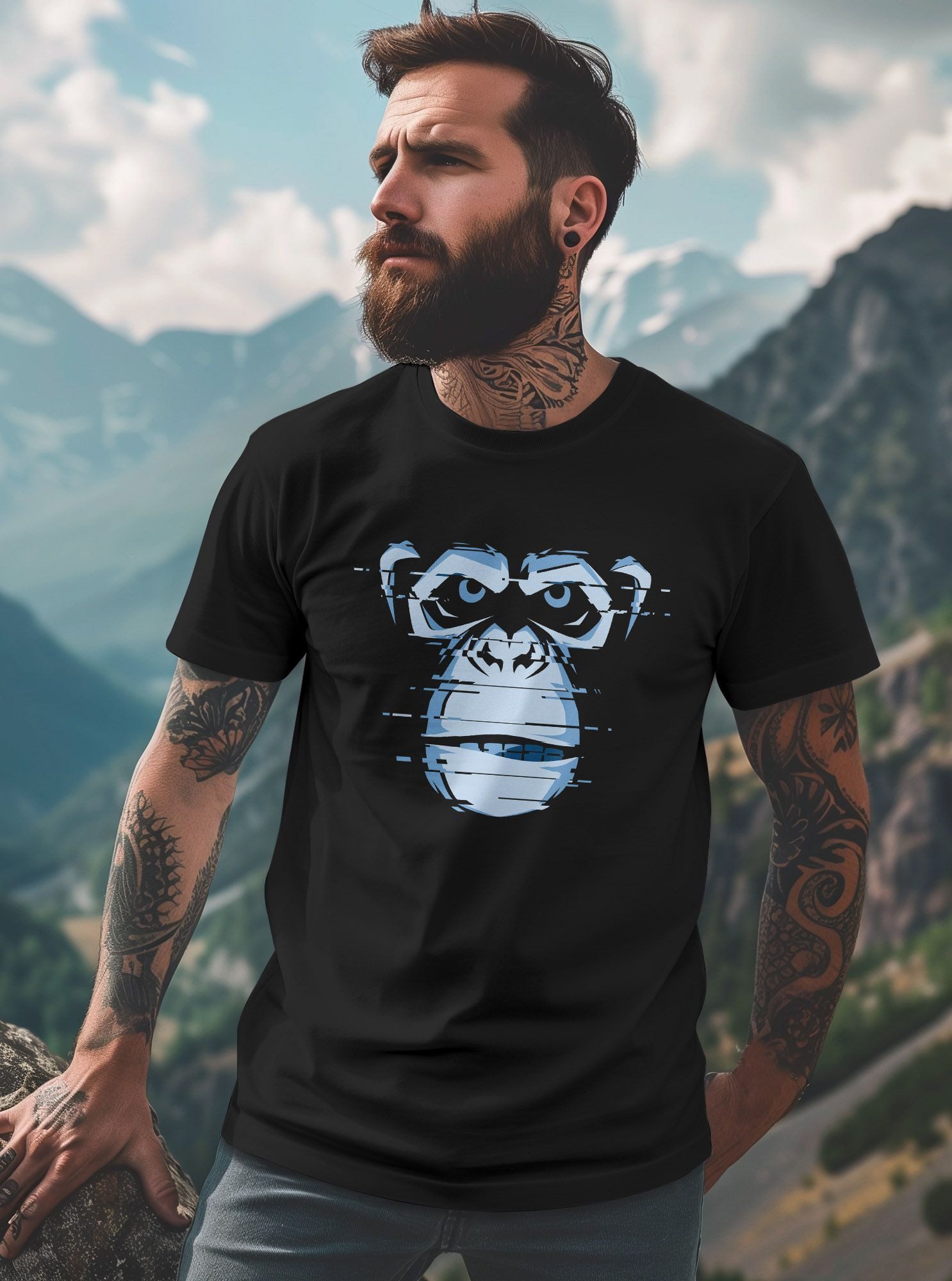 Neverless Print-Shirt Herren T-Shirt Brustprint Affe Motiv Digital-Art Aufdruck Printshirt mit Print