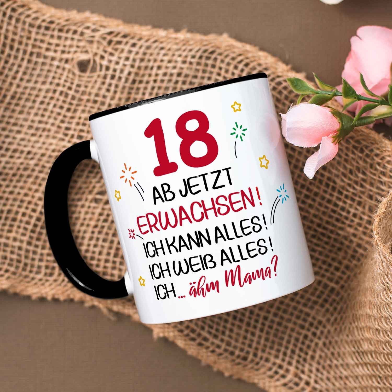 GRAVURZEILE Tasse mit Spruch - 18 ab jetzt erwachsen - Geschenk für Mädchen & Jungen, zum 18. Geburtstag - Geburtstagsgeschenk - Schwarz & Weiß