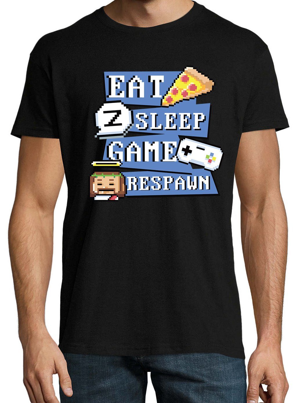 Shirt Game, mit trendigem Sleep, Youth Frontprint "Eat, Respawn" T-Shirt Designz Herren Schwarz