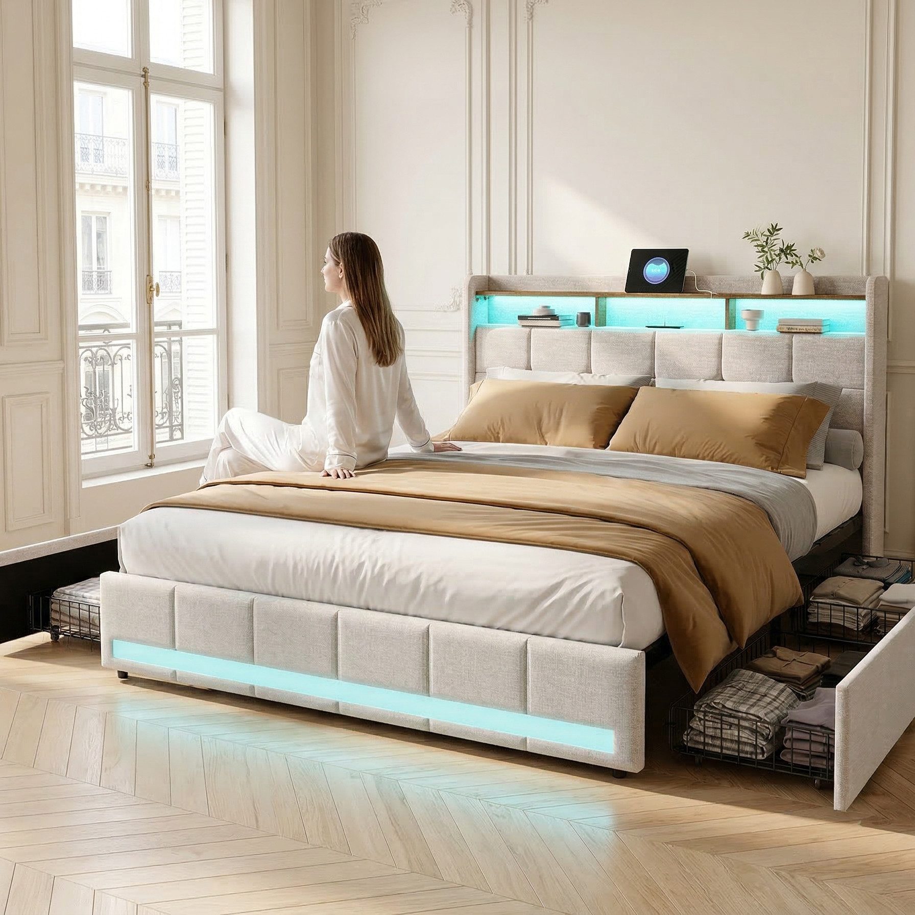 Furnishings Home Polsterbett LED Doppelbett Stauraumbett mit Kopfteil und 4 Schubladen (Leinenmaterial Polsterbett mit RGB Beleuchtung), mit Lattenrost und Ladefunktion, mit Komforthöhe, Leises Design Bett