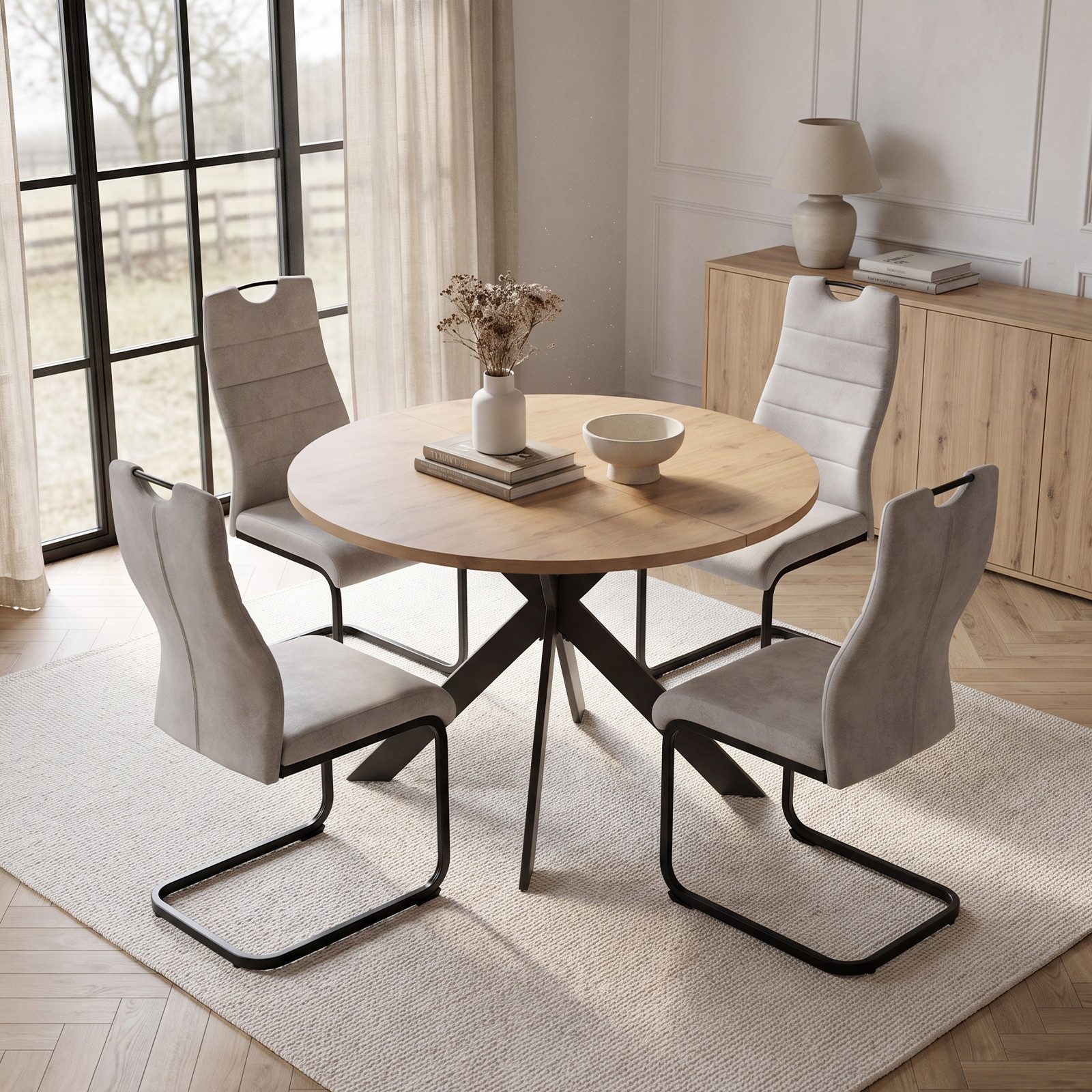 Jiexi Essgruppe Runder Esstisch 110cm MDF Eiche Set mit 4 Hightech Freischwinger