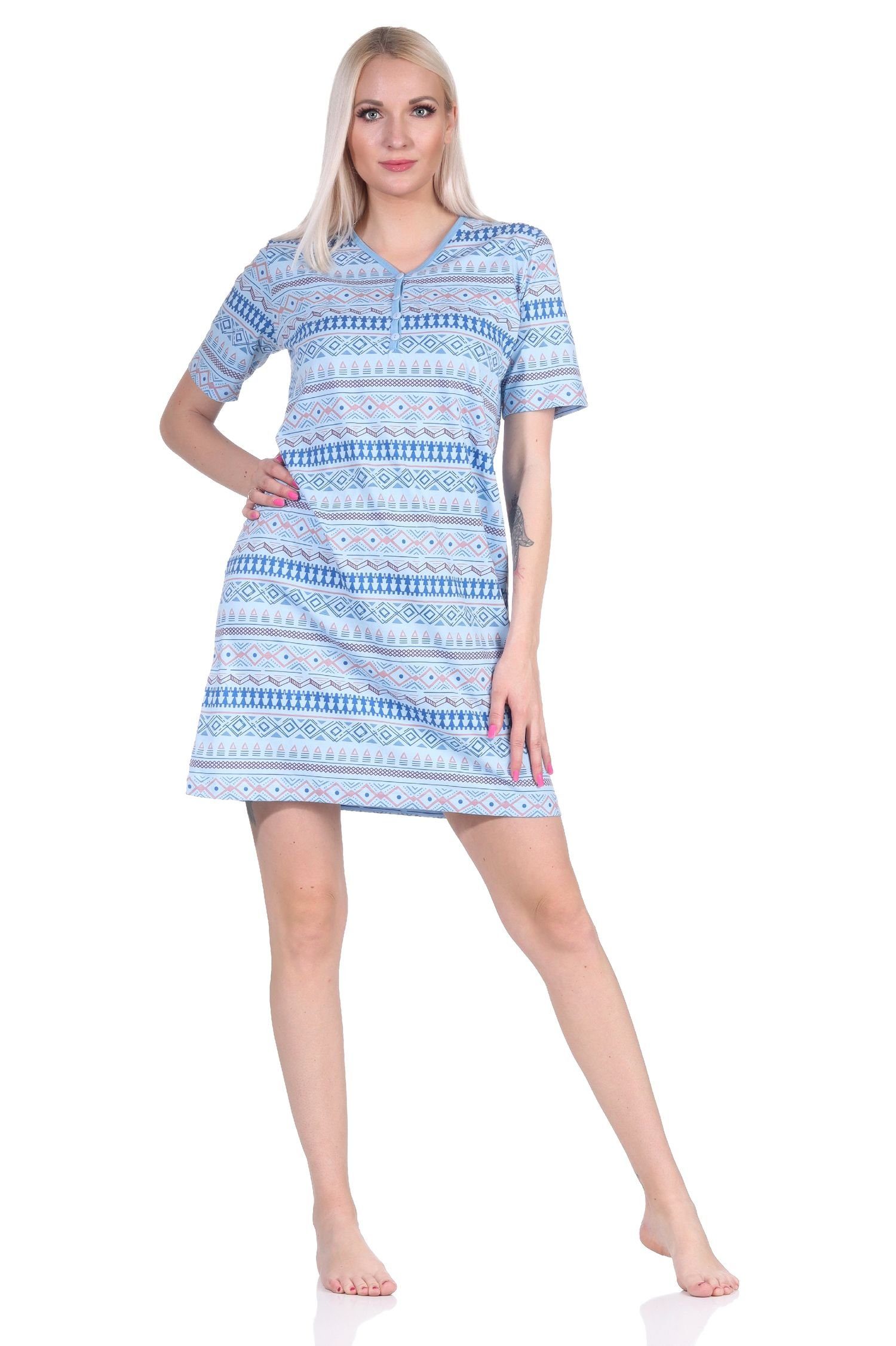 Normann Nachthemd Damen Nachthemd kurzarm im Ethnolook - auch in Übergrößen hellblau