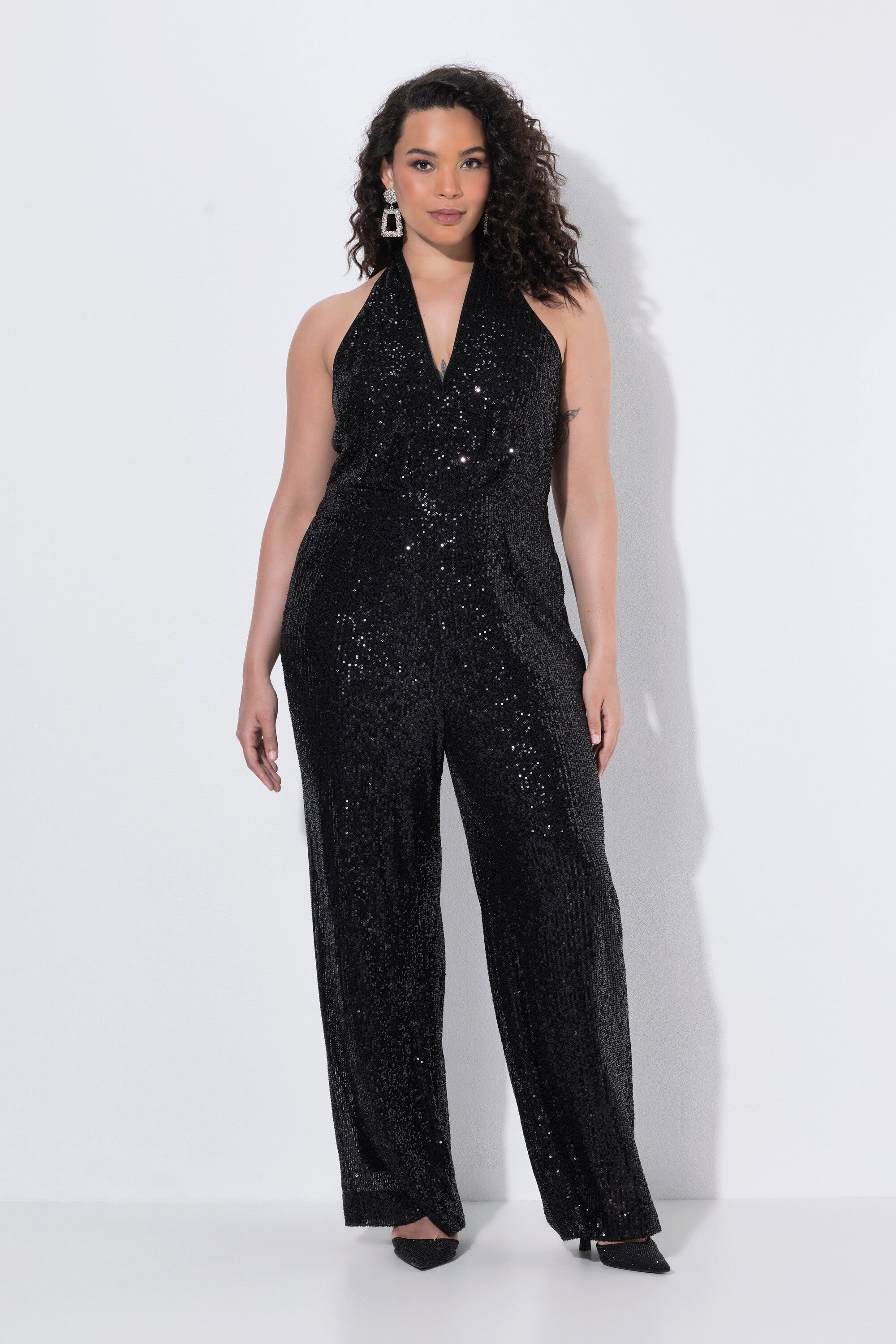 Ulla Popken Funktionshose Jumpsuit Pailletten Neckholder V-Ausschnitt