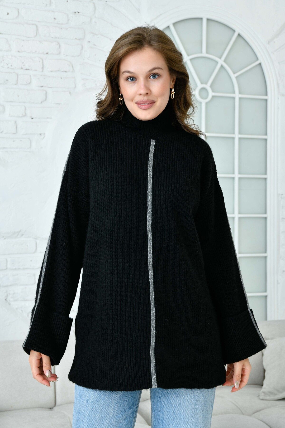 WOMAN VISION Longpullunder Fischer's Neck Oversized Langarm Schwarzer Strickpullover