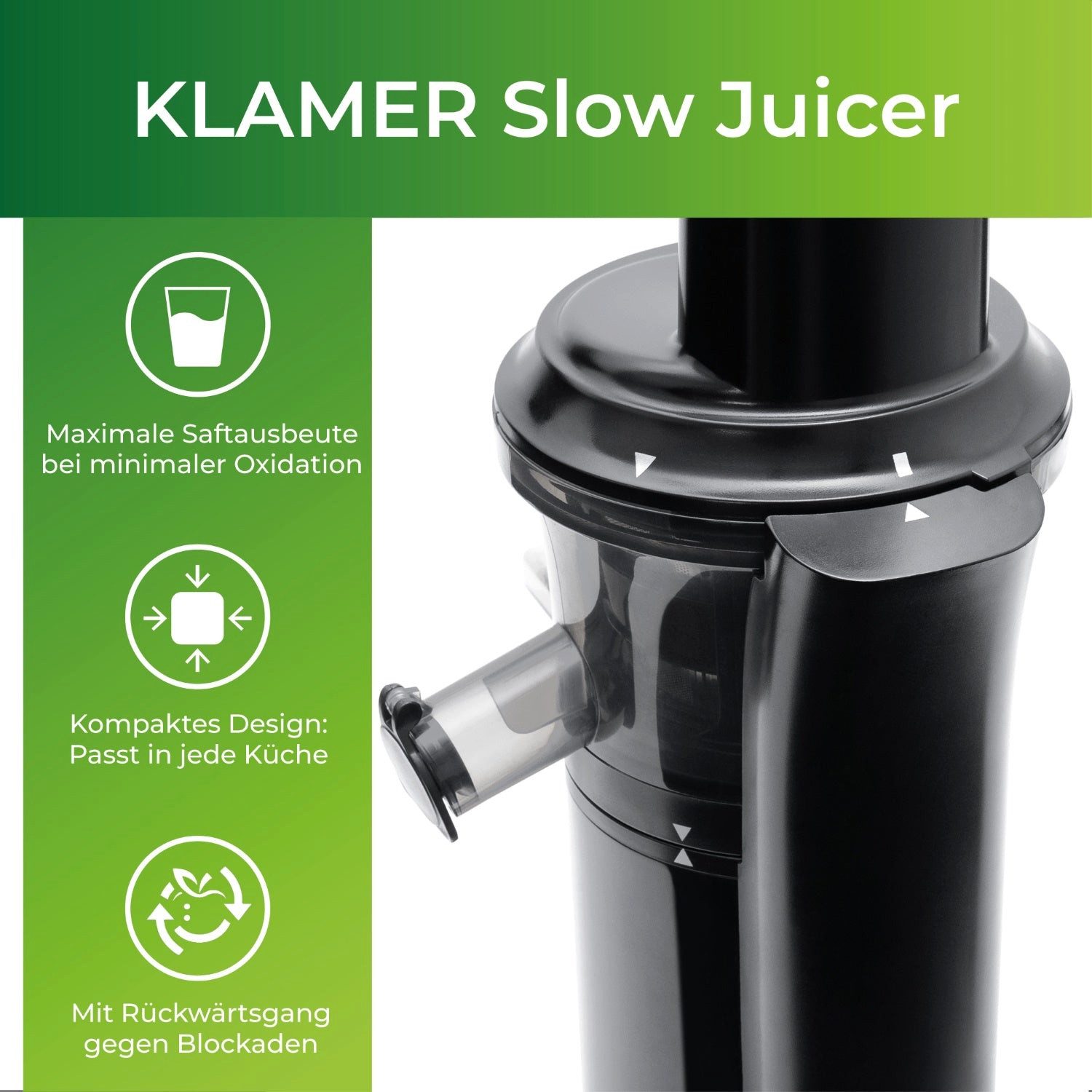 KLAMER Slow Juicer Entsafter mit Rückwärtsgang, elektrische Fruchtpresse mit Bürste und …, 150 W, Max. Saft & Nährstoffe, vielseitig, platzsparend, 2 Behälter