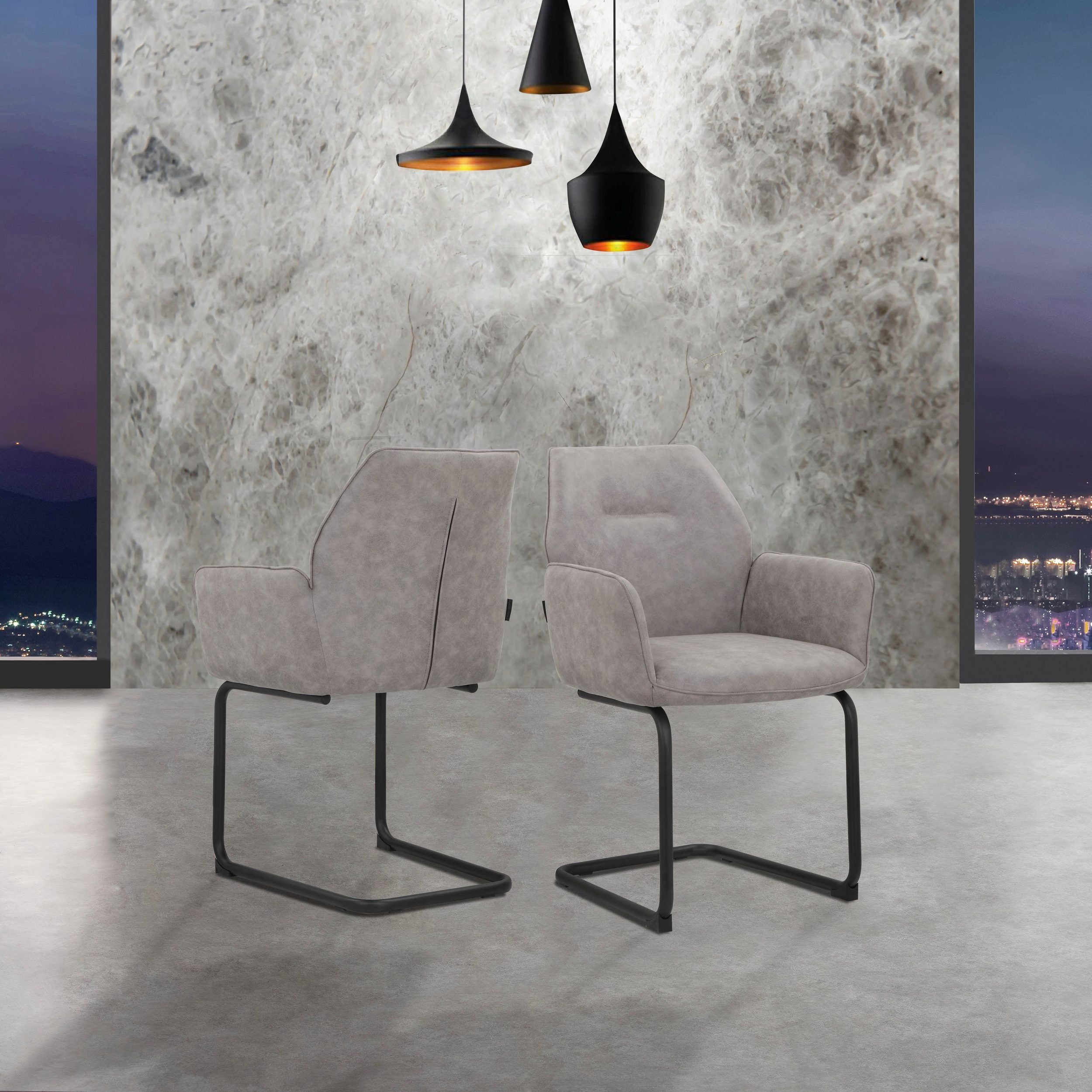loft24 Esszimmerstuhl Sigrid (Set, 2 St), Freischwinger, Armlehnstuhl, Stuhl, Metellgestell schwarz