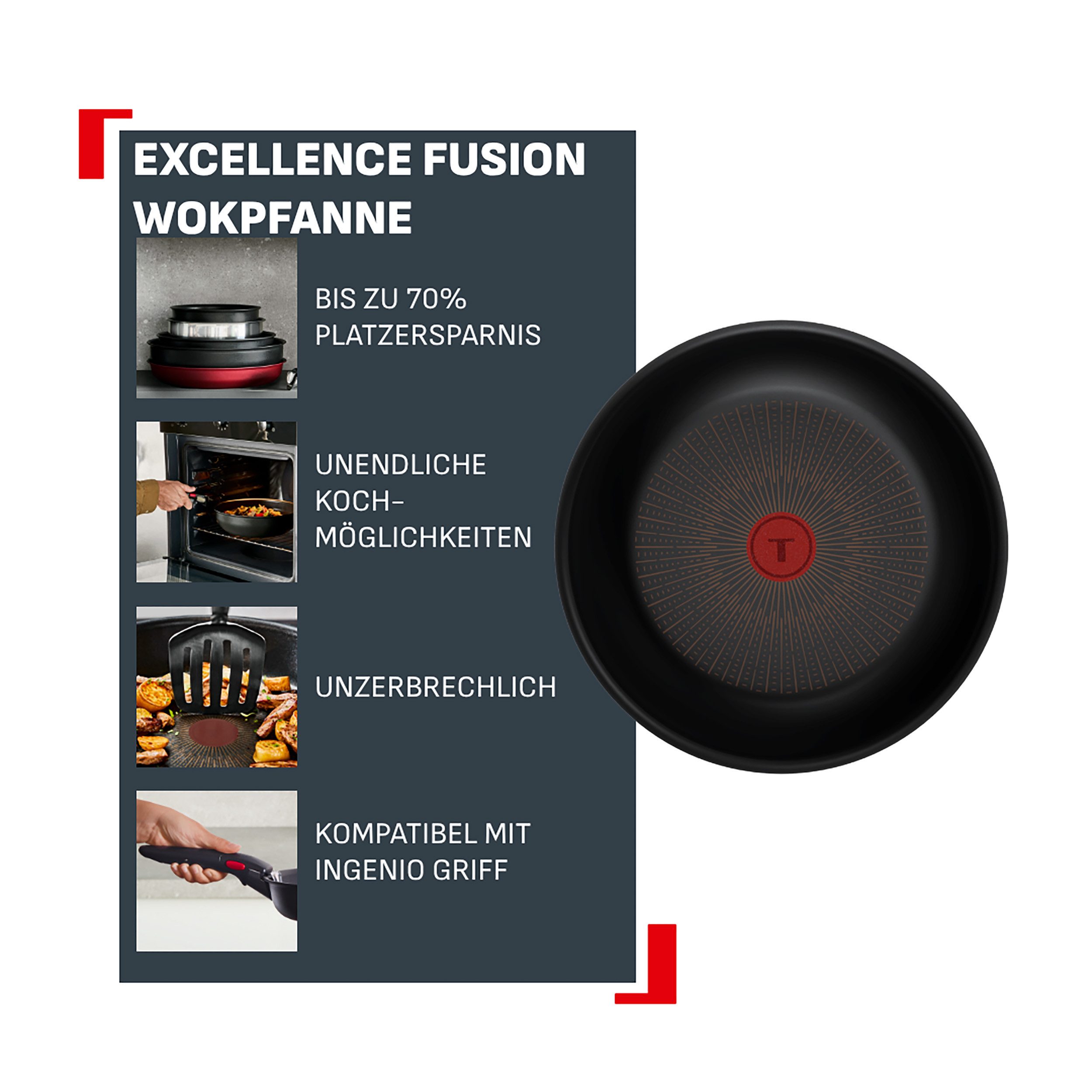 Tefal Wok Ingenio Excellence Fusion, Aluminium (1-tlg), abnehmbarer Ingenio-Griff, Thermo-Signal, stapelbar, Induktion