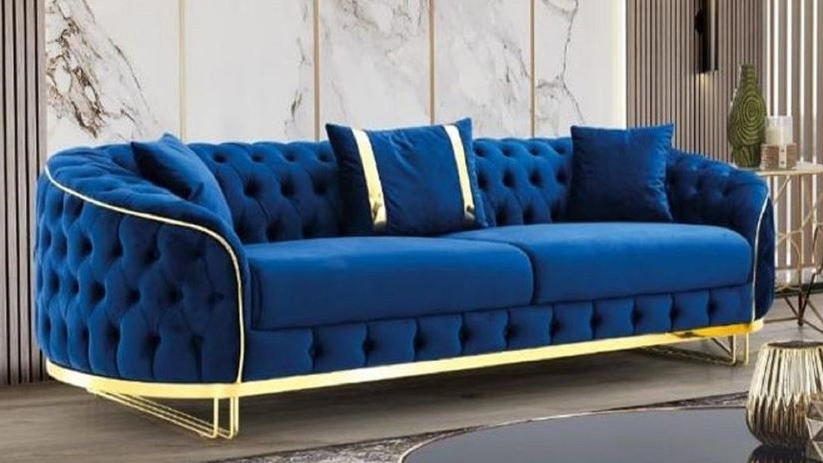 Casa Padrino Chesterfield-Sofa Luxus Chesterfield Sofa Blau / Gold 240 x 95 x H. 72 cm - Modernes Wohnzimmer Sofa - Chesterfield Wohnzimmer Möbel