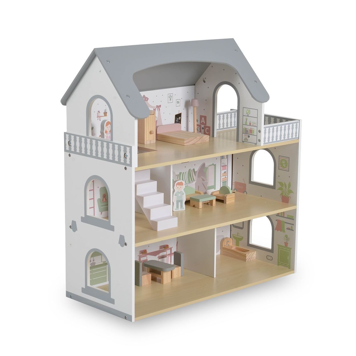 Moni Puppenhaus Ema, 61 x 26 cm, 11 Möbelstücke, 2 Puppenfiguren, Balkon, ab 3 Jahren