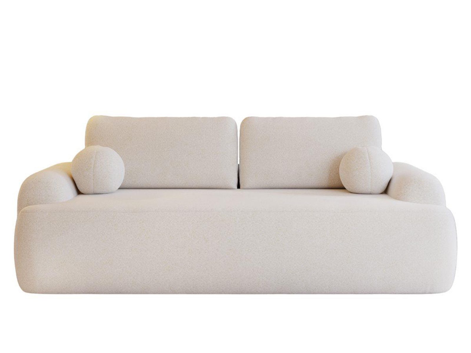 Compleo Schlafsofa rundes Design, Designer Sofa boucle- Teddy OLIO, Modern Stil, Kleine Ballkissen im Set, Modern Wohnzimmer, komfortables Couch