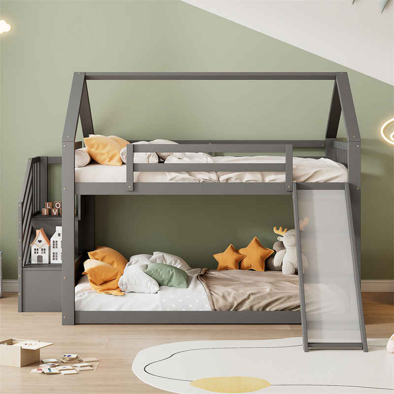 XDeer Etagenbett 140x200cm Etagenbett mit Stauraumtreppe und Rutsche, Kinderbett mit Geländer, geeignet für Kinder, Jugendliche