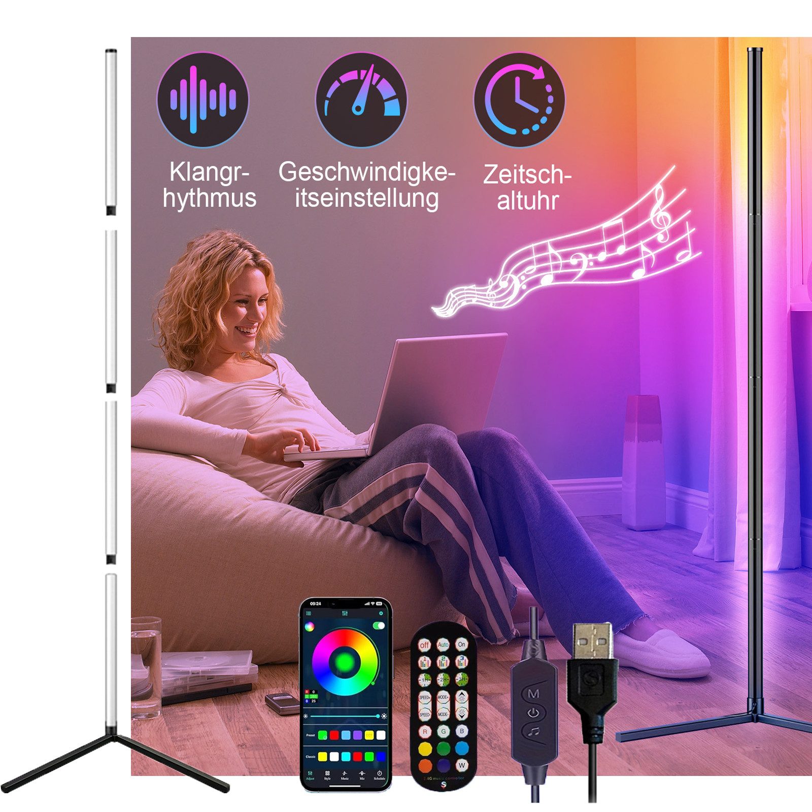 LED Stehlampe Smart Home RGB Eck-Stehleuchte, Timer, Dimmbar
