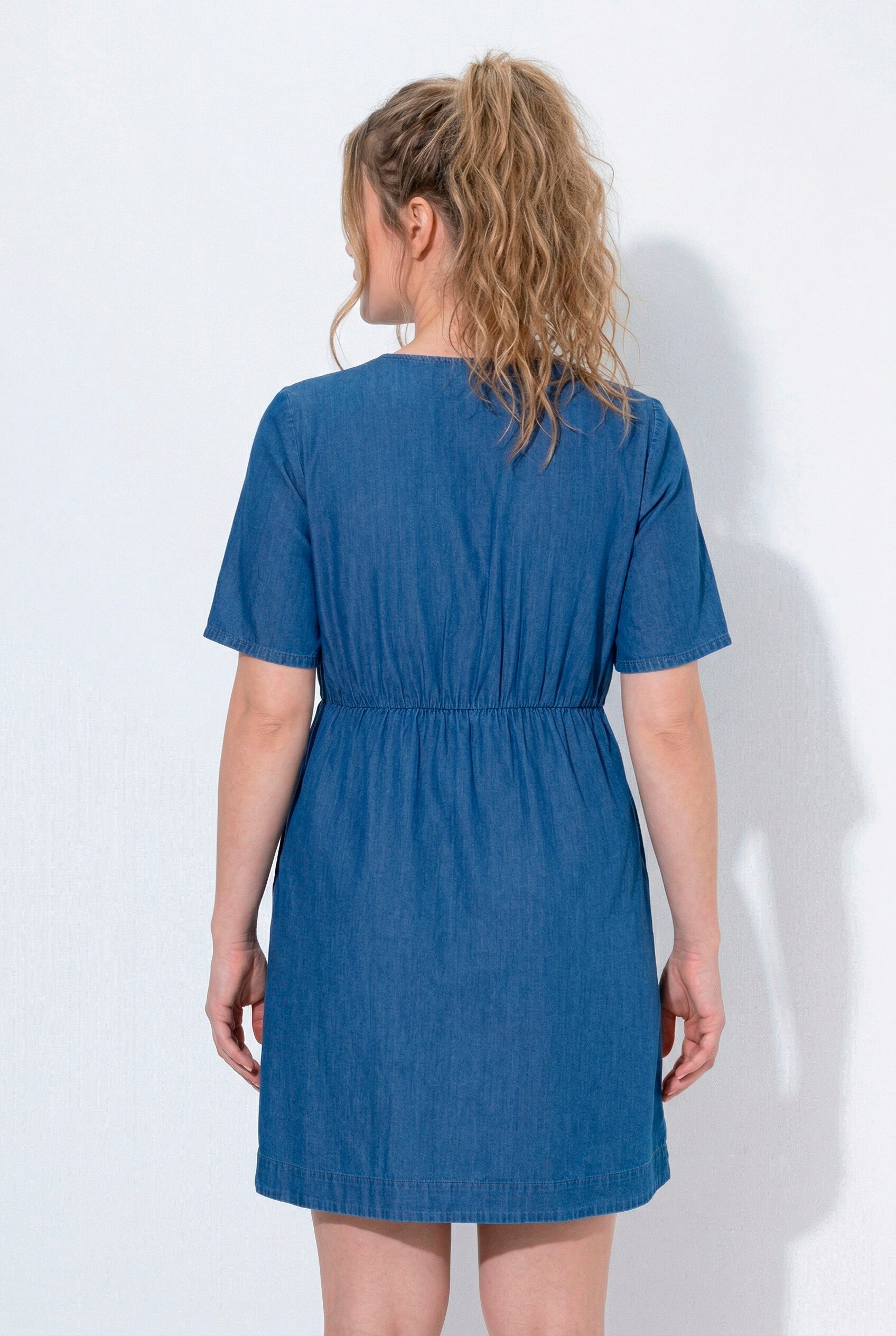 Ulla Popken Midikleid Jeanskleid A-Linie V-Ausschnitt Halbarm