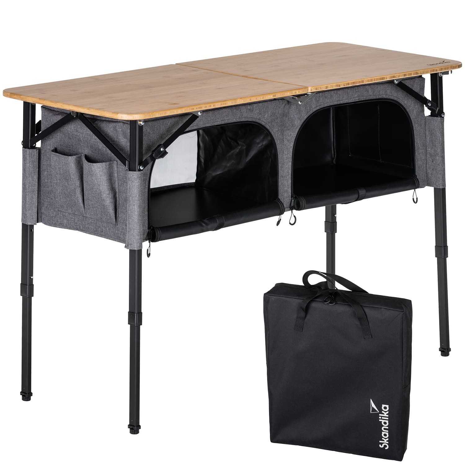 Skandika Campingtisch Tolja Bambus Klapptisch + Unterschrank, Gartentisch, Balkontisch, Falttisch + Stauraum, höhenverstellbar, Tragetasche, Organizer-Taschen
